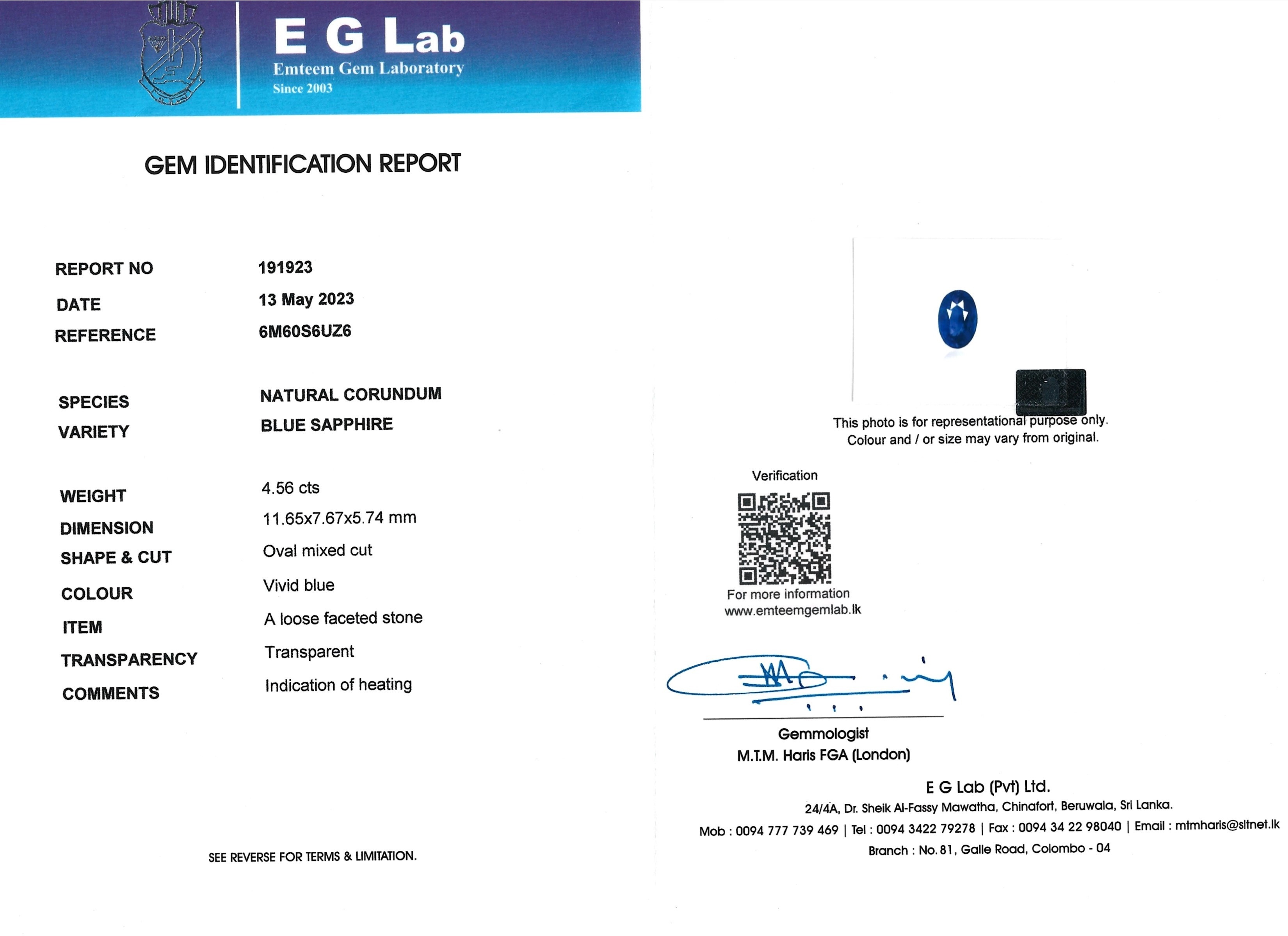 4.56 Ct. Blue Sapphire from Ceylon (Sri Lanka)