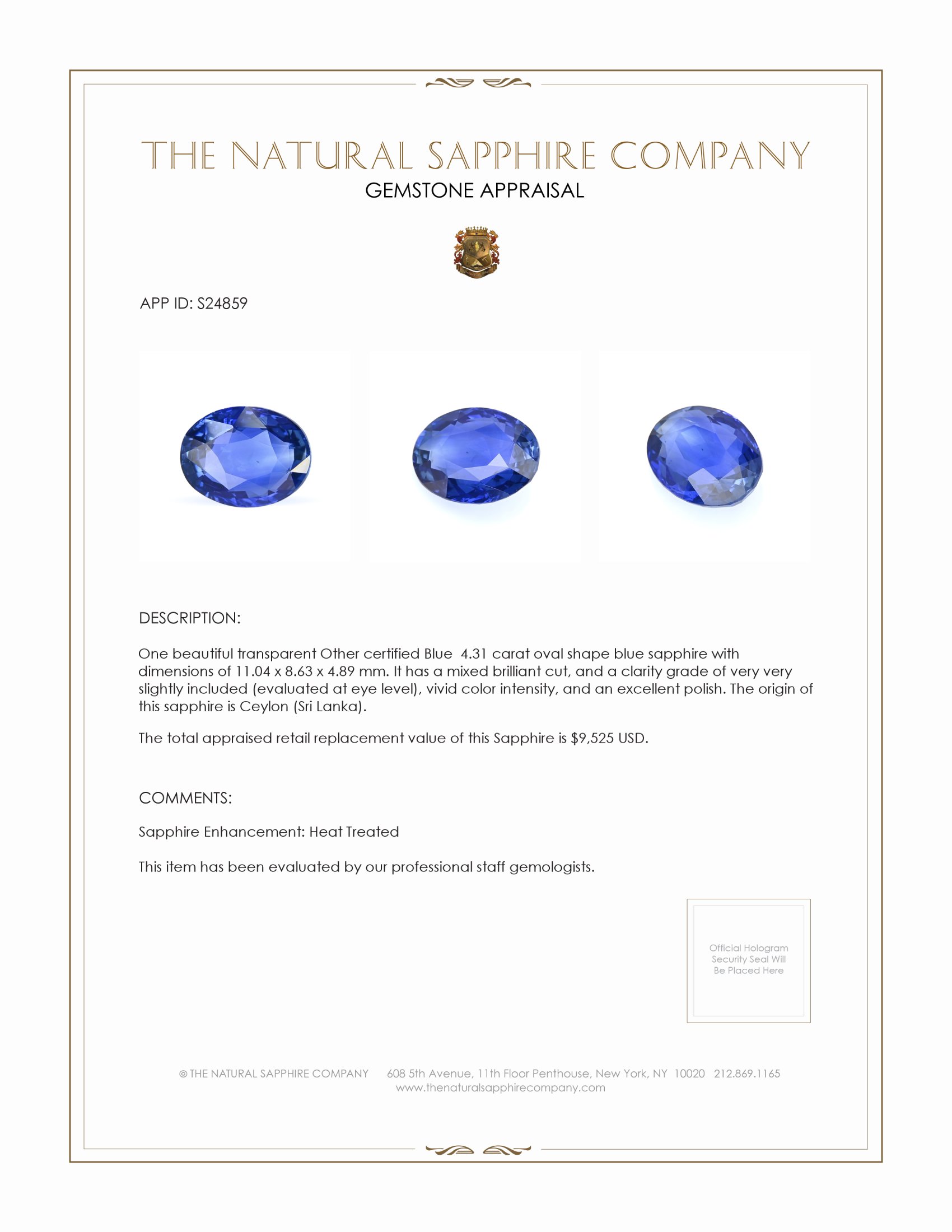 4.31 Ct. Blue Sapphire from Ceylon (Sri Lanka)