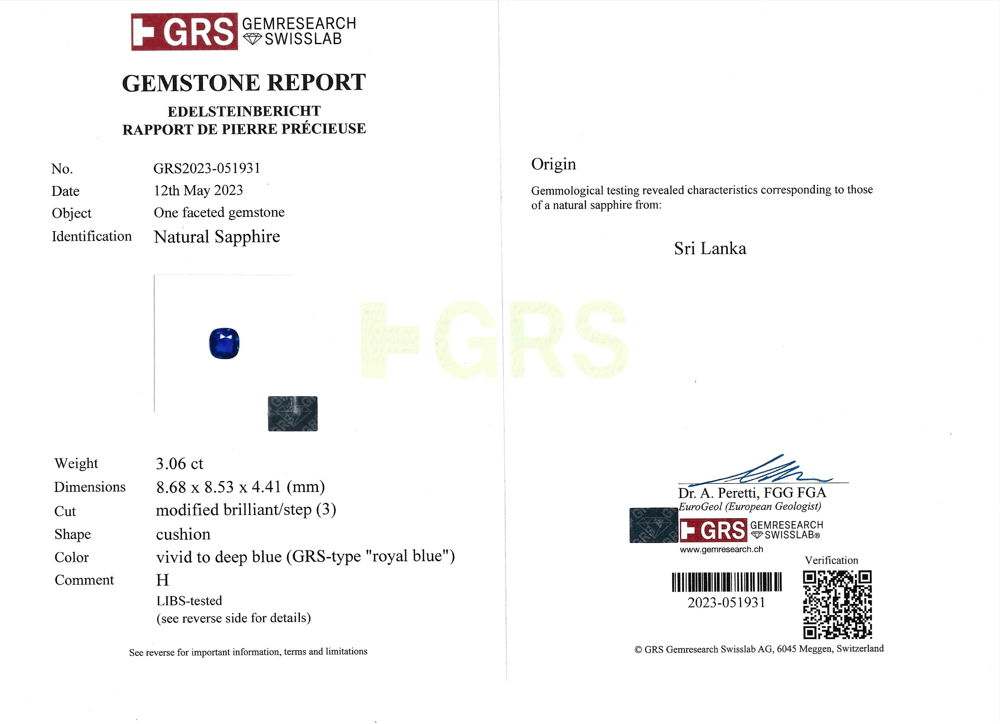 3.06 Ct. Blue Sapphire from Ceylon (Sri Lanka)