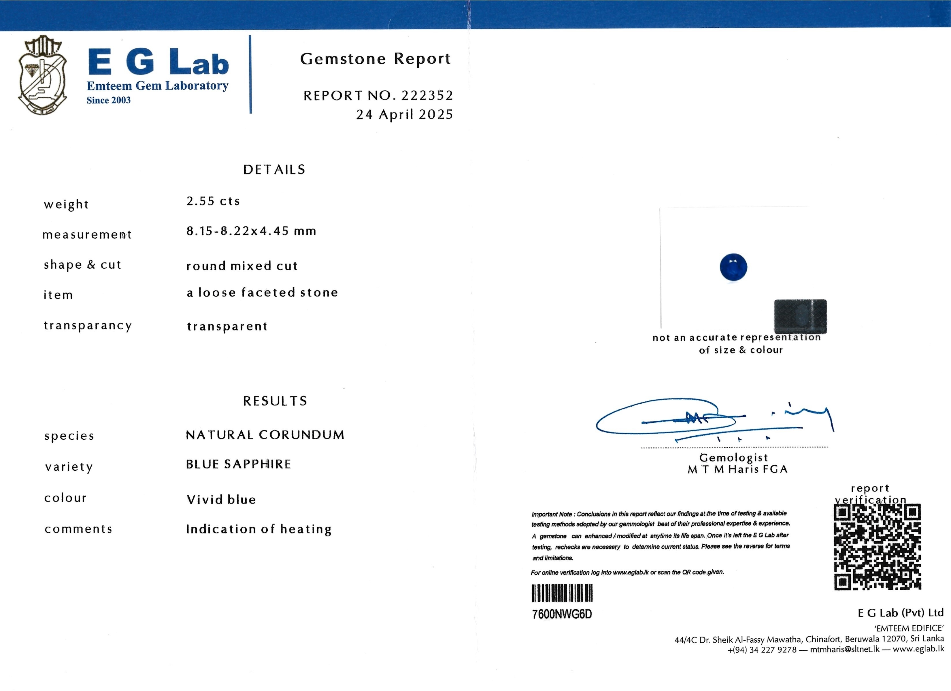 2.55 Ct. Blue Sapphire from Ceylon (Sri Lanka)