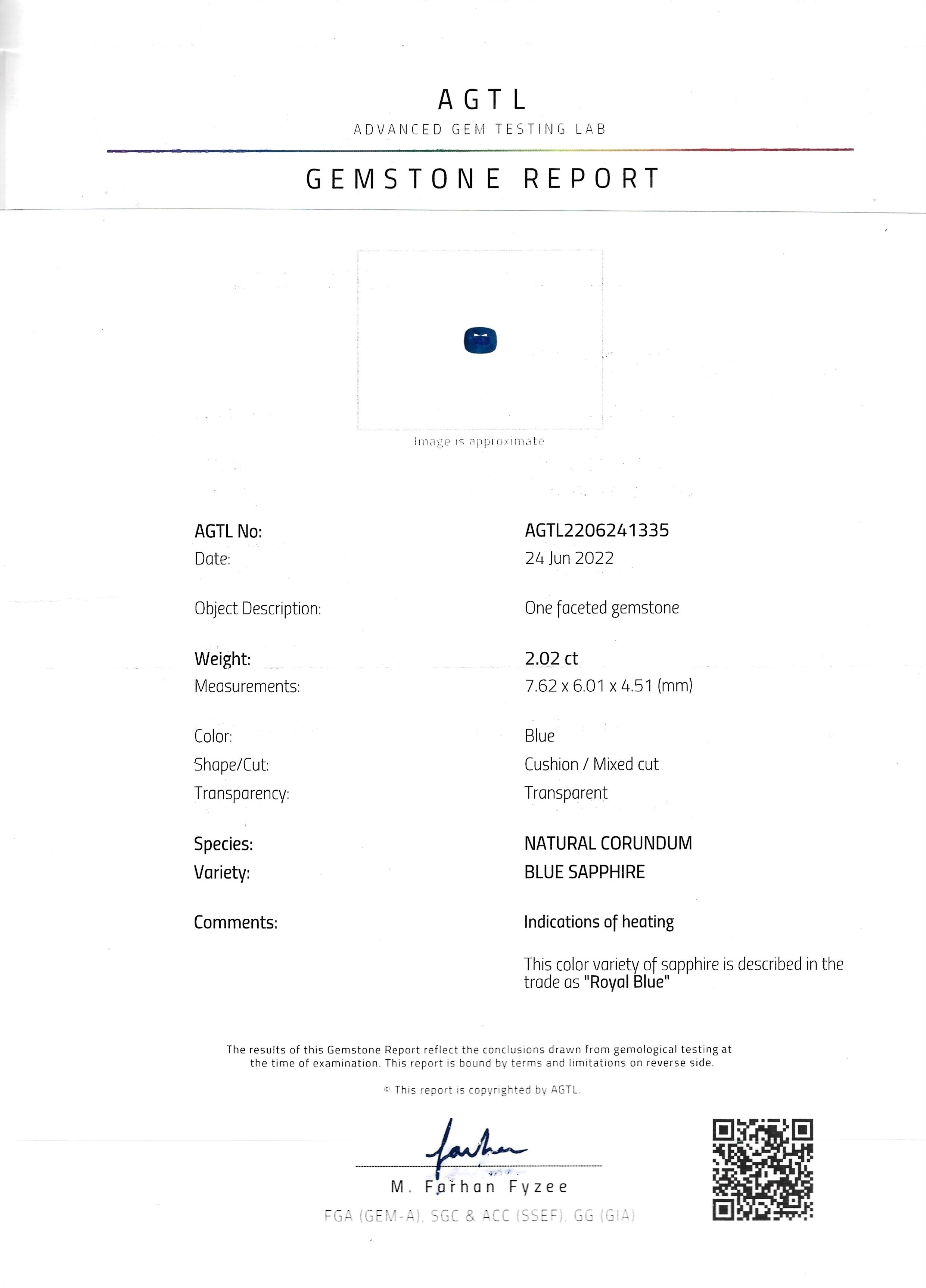 2.02 Ct. Blue Sapphire from Ceylon (Sri Lanka)