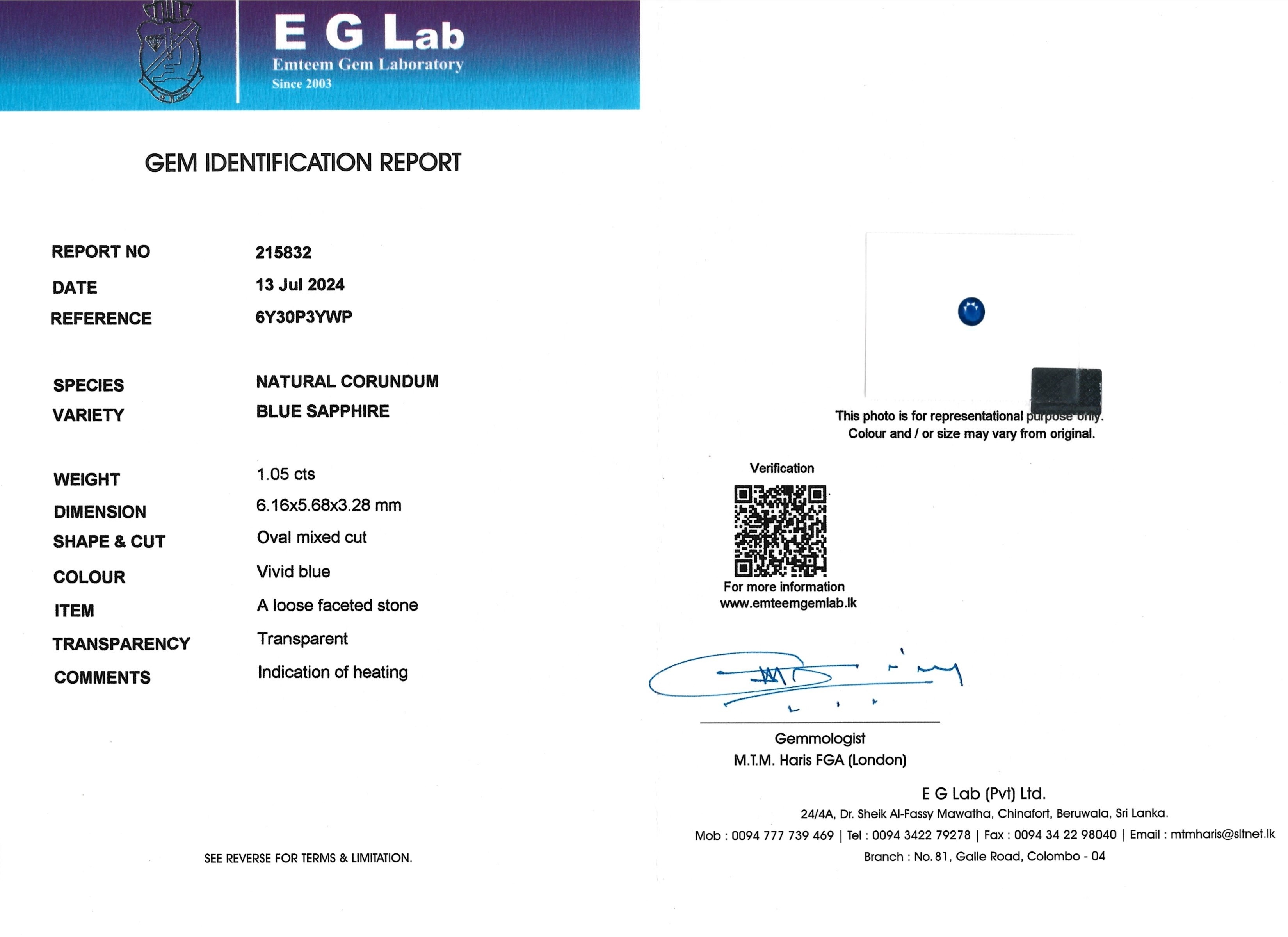 1.05 Ct. Blue Sapphire from Ceylon (Sri Lanka)