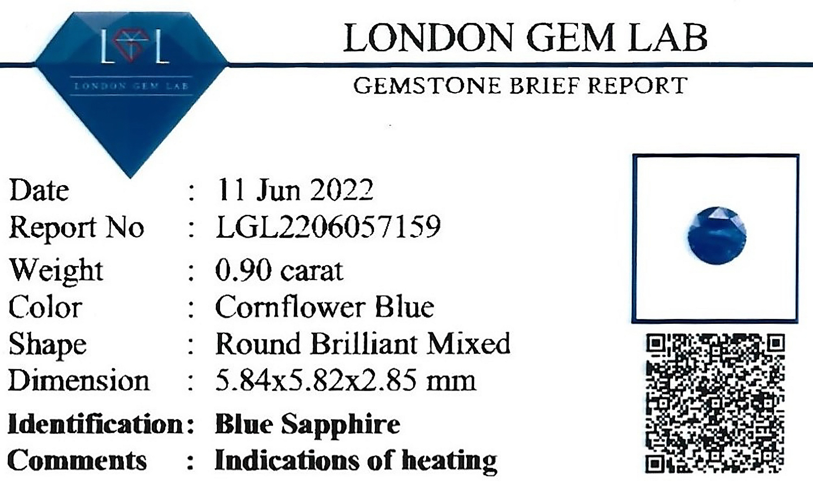 0.90 Ct. Blue Sapphire from Ceylon (Sri Lanka)