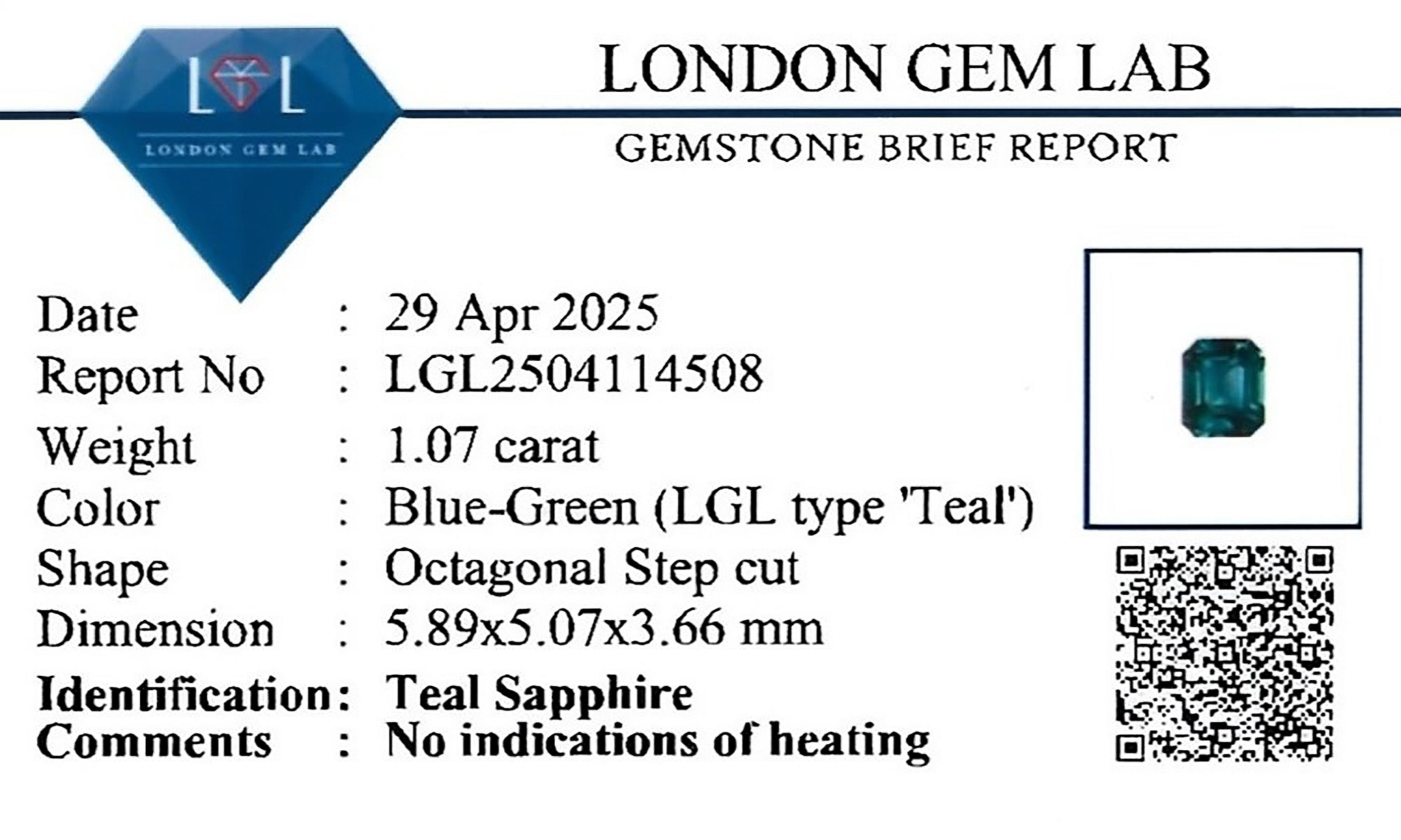 1.07 Ct. Bluish Green Sapphire from Madagascar