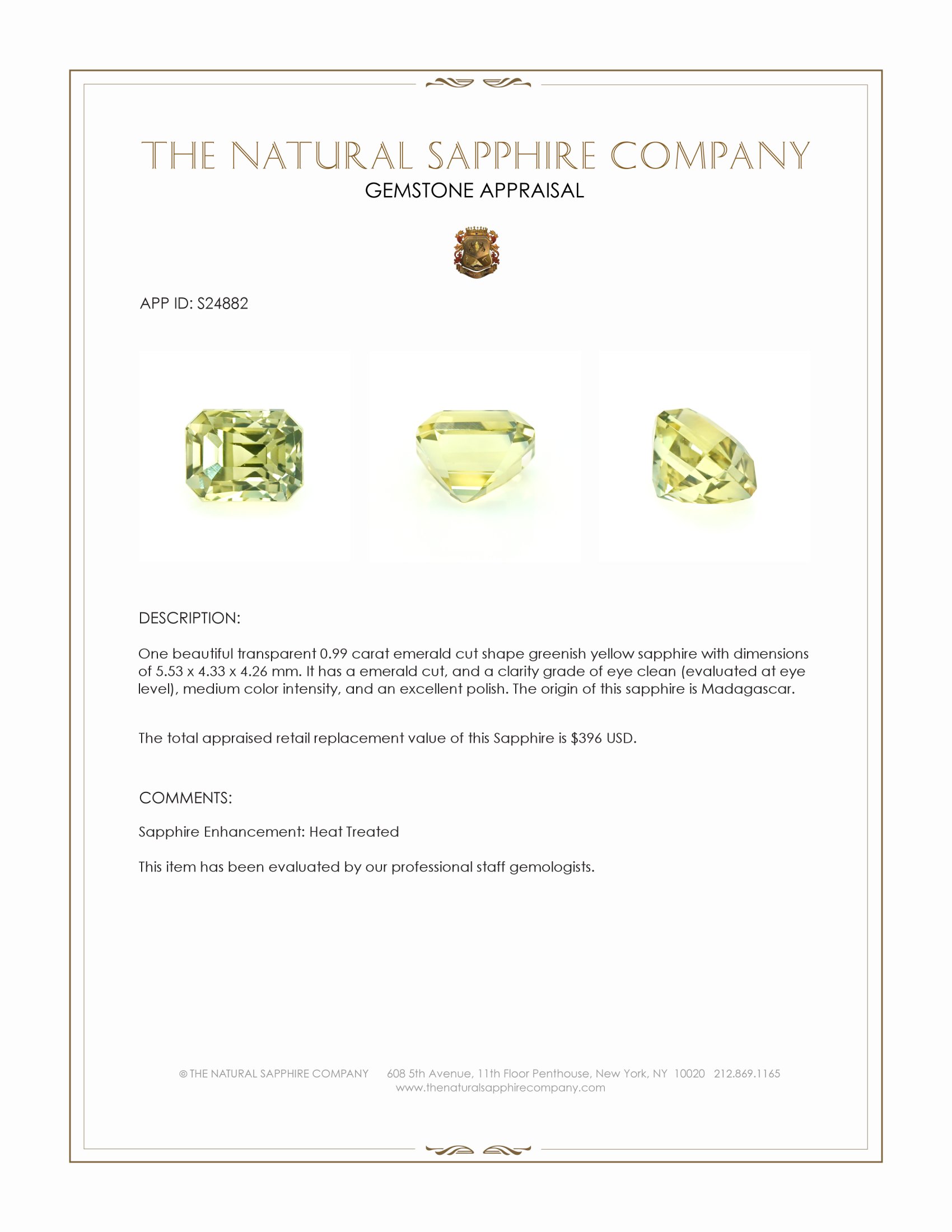 0.99 Ct. Greenish Yellow Sapphire from Madagascar