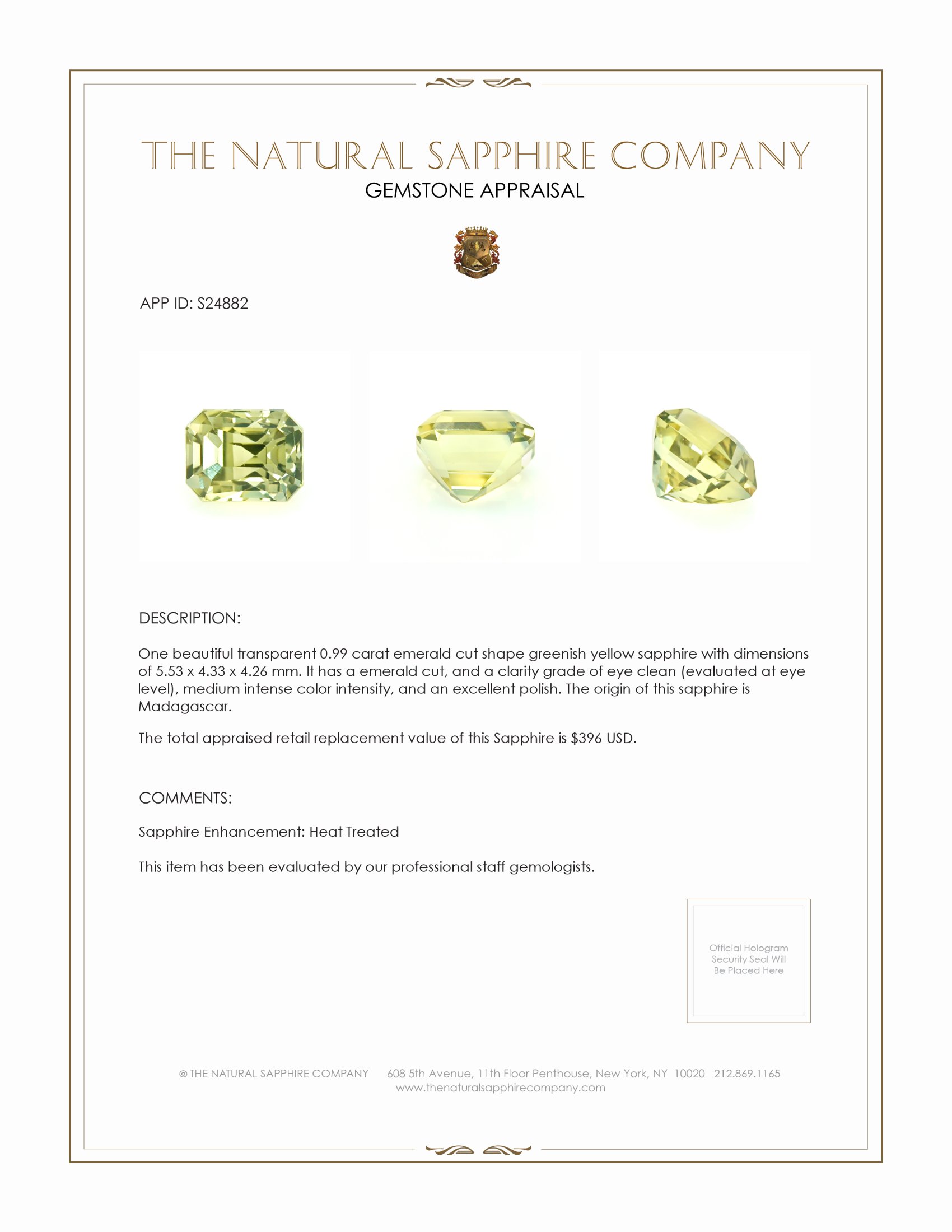 0.99 Ct. Greenish Yellow Sapphire from Madagascar