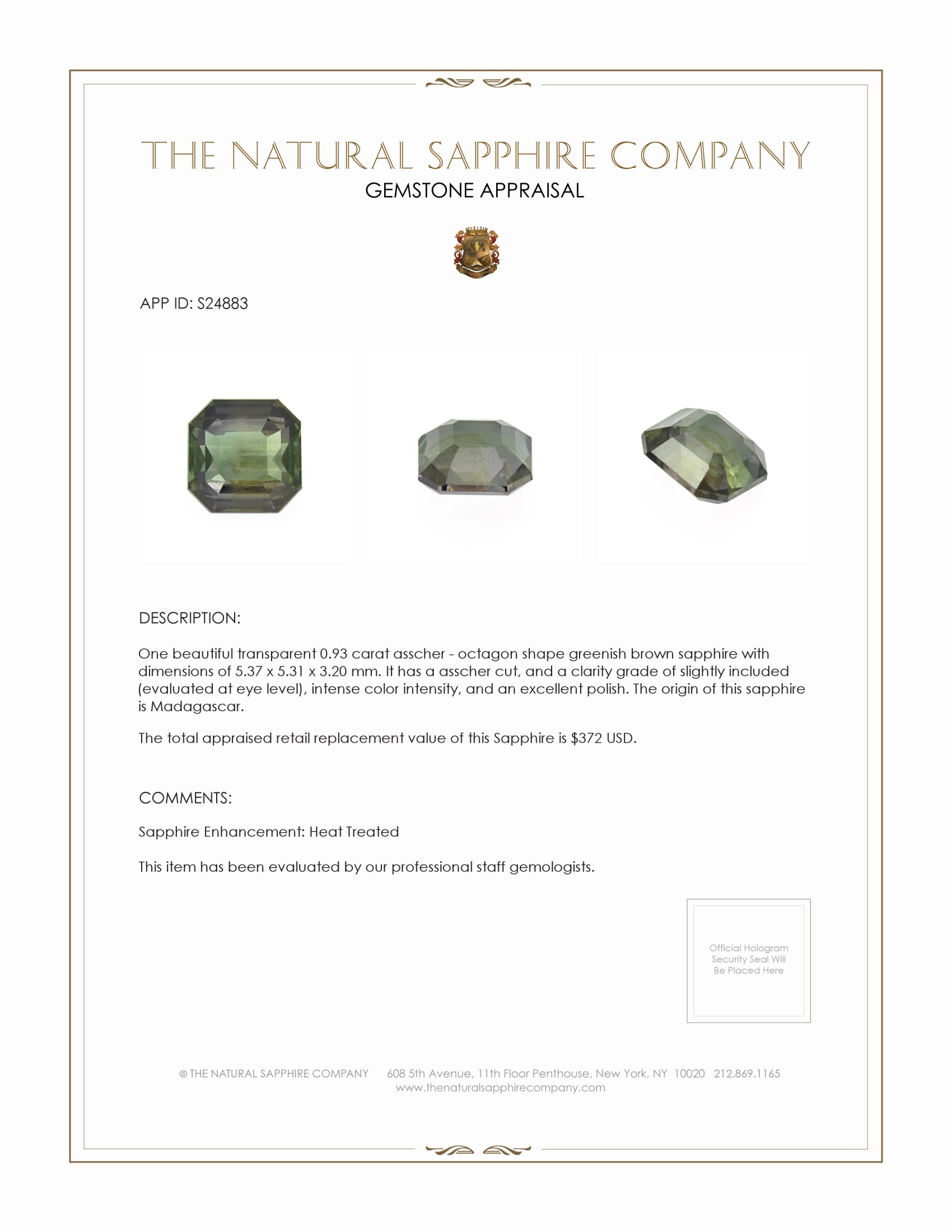 0.93 Ct. Greenish Brown Sapphire from Madagascar