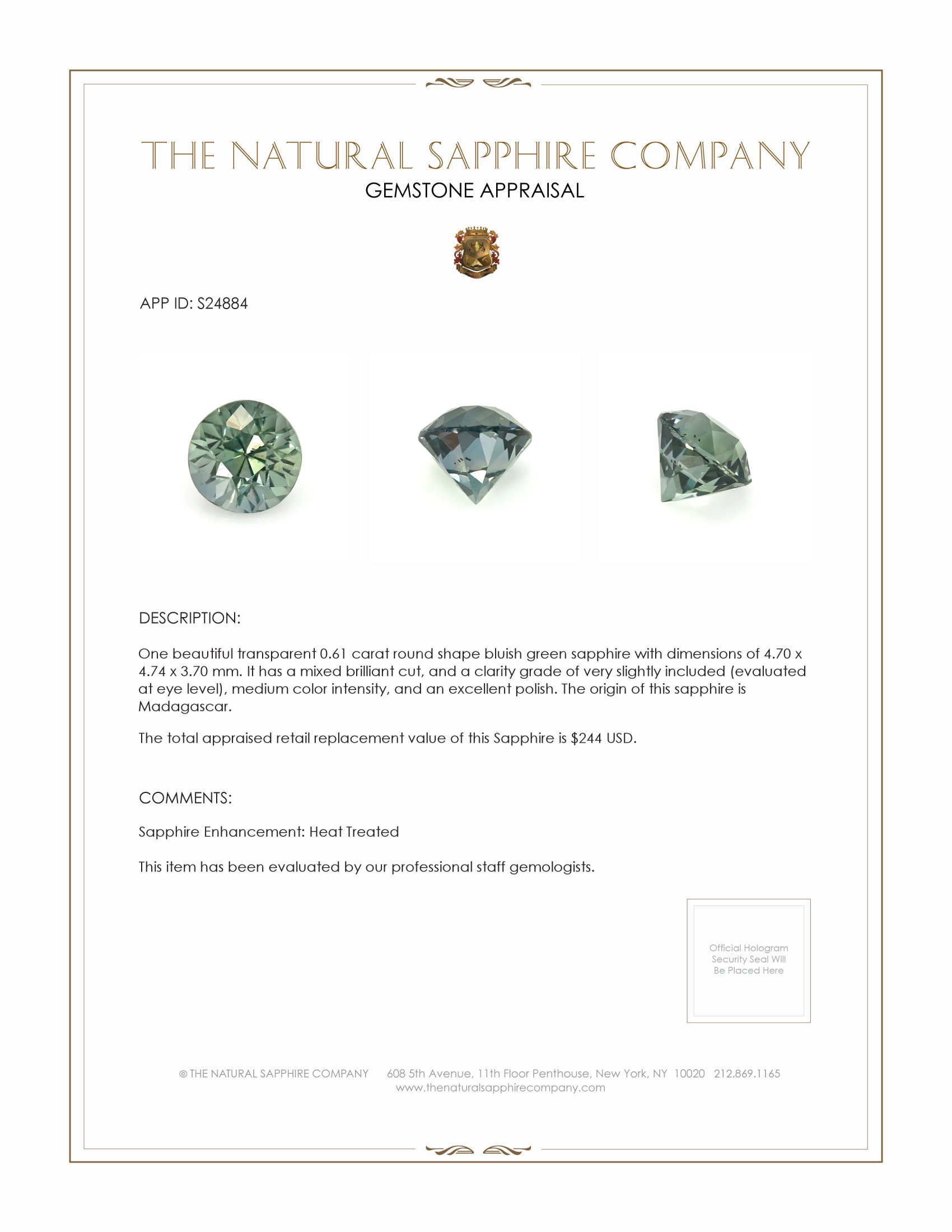 0.61 Ct. Bluish Green Sapphire from Madagascar