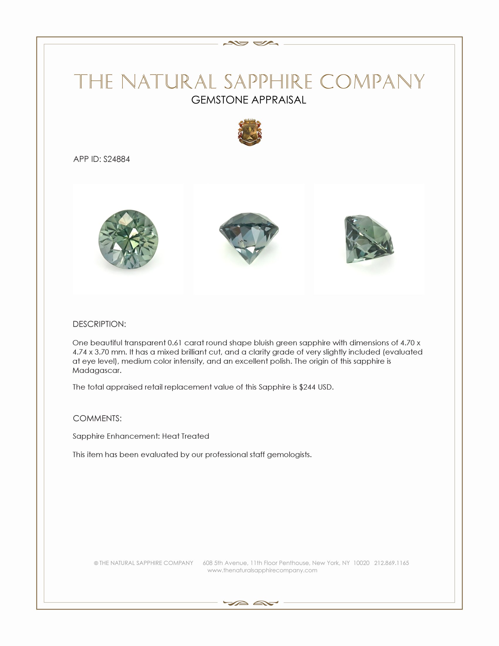 0.61 Ct. Bluish Green Sapphire from Madagascar