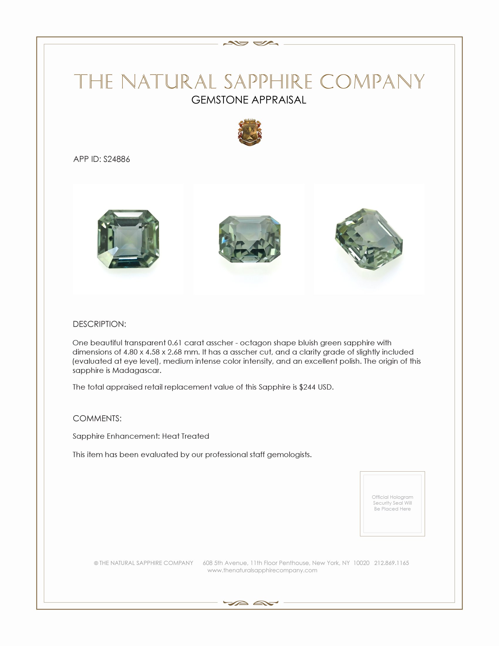 0.61 Ct. Bluish Green Sapphire from Madagascar