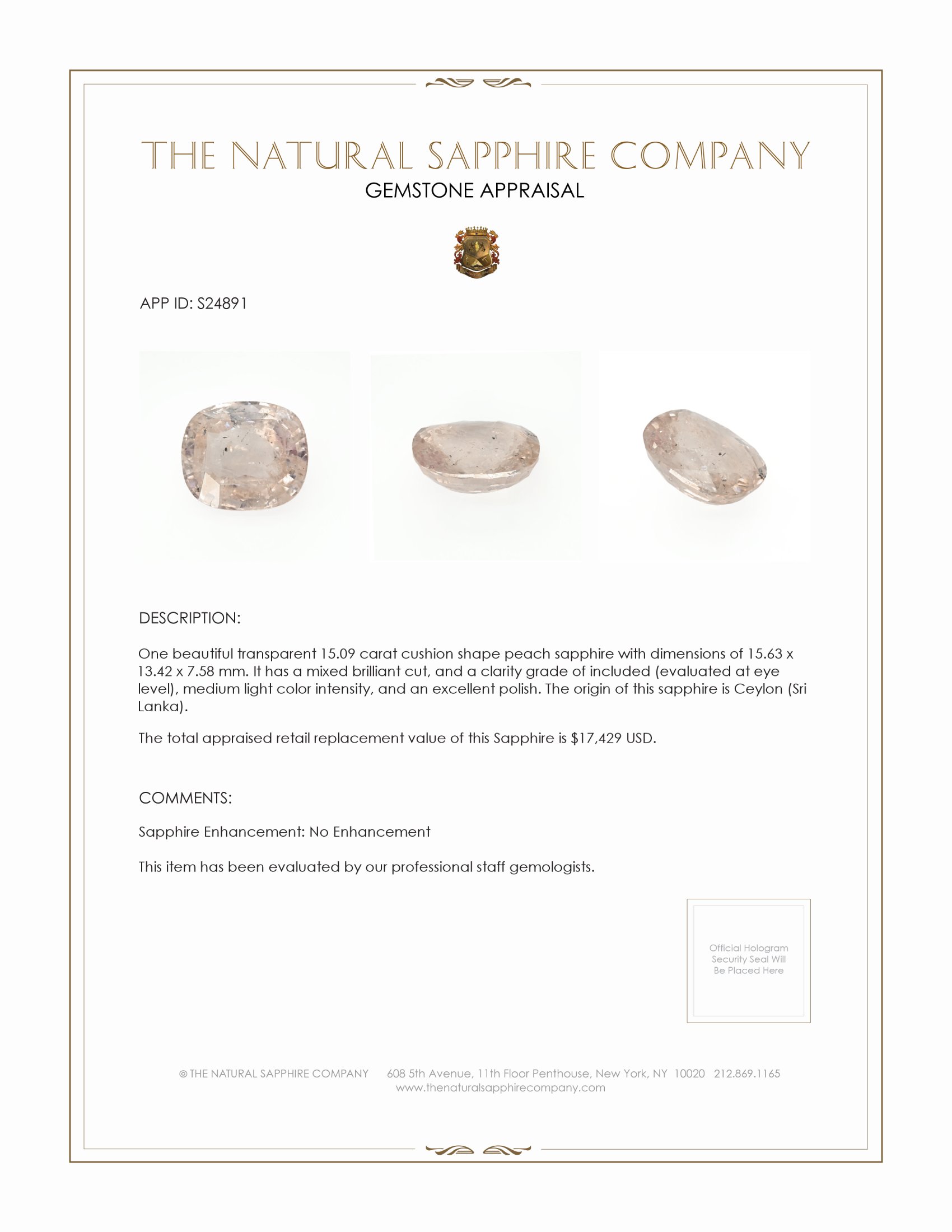 15.09 Ct. Peach Sapphire from Ceylon (Sri Lanka)