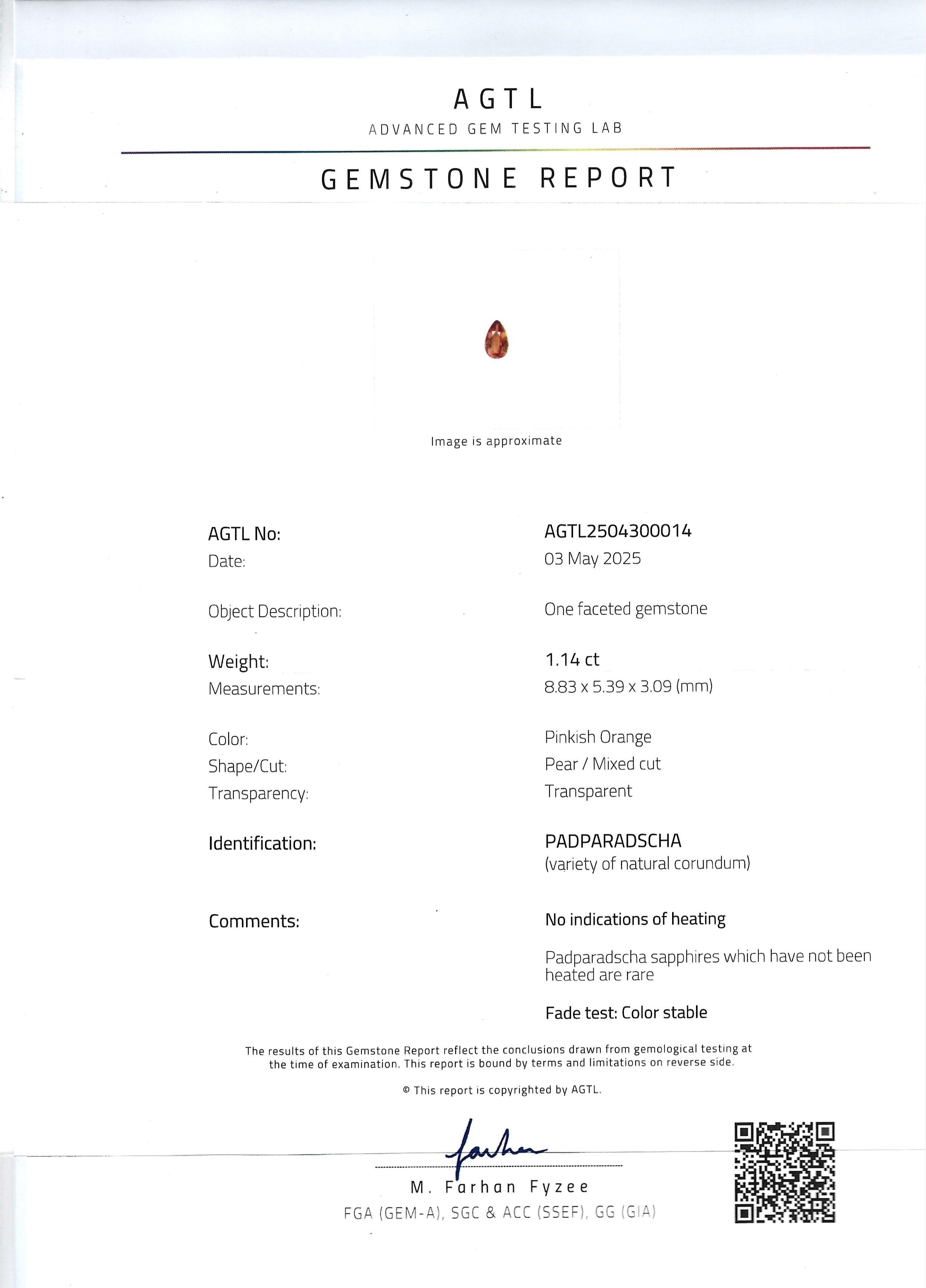 1.14 Ct. Padparadscha Sapphire from Ceylon (Sri Lanka)