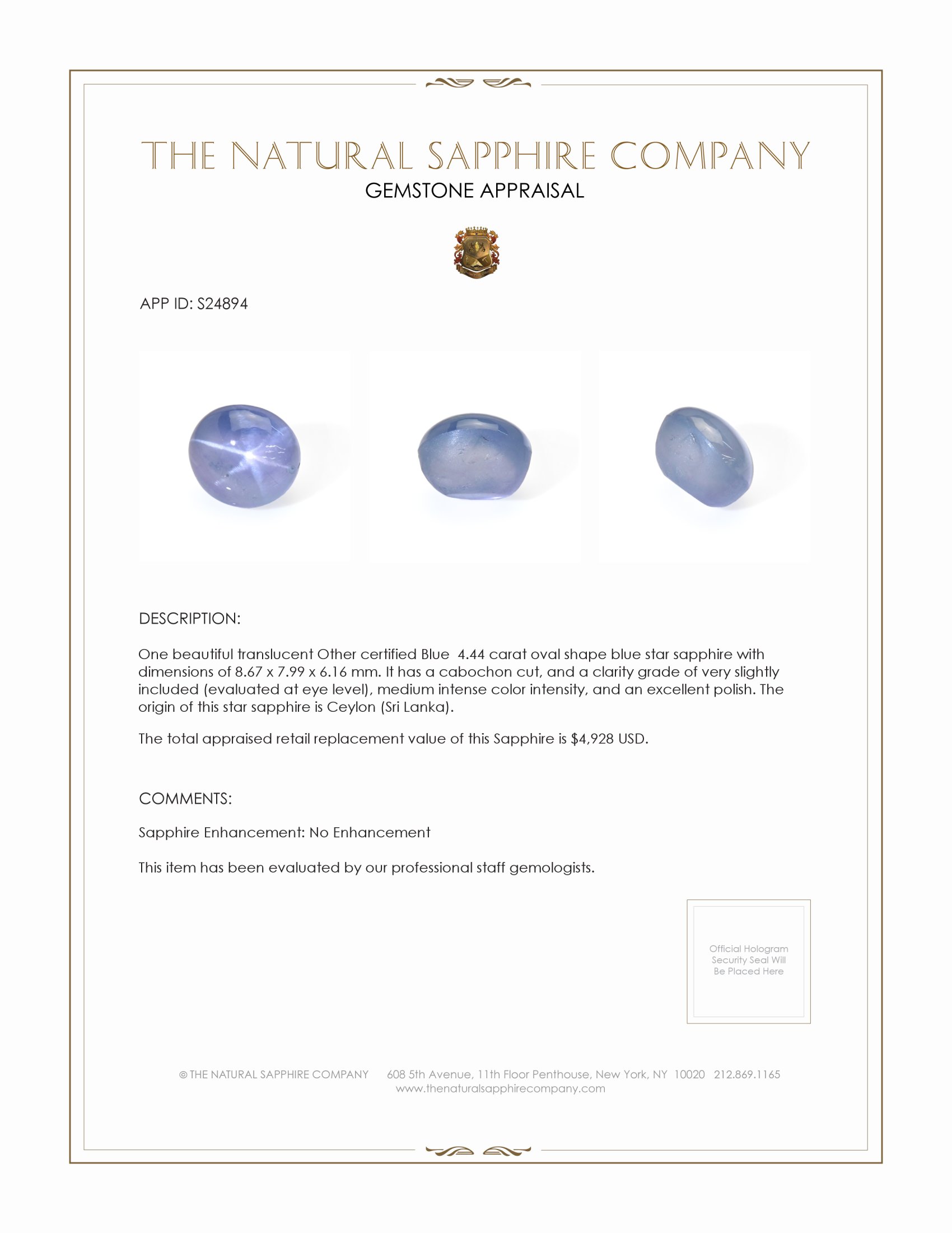 4.44 Ct. Blue Star Sapphire from Ceylon (Sri Lanka)