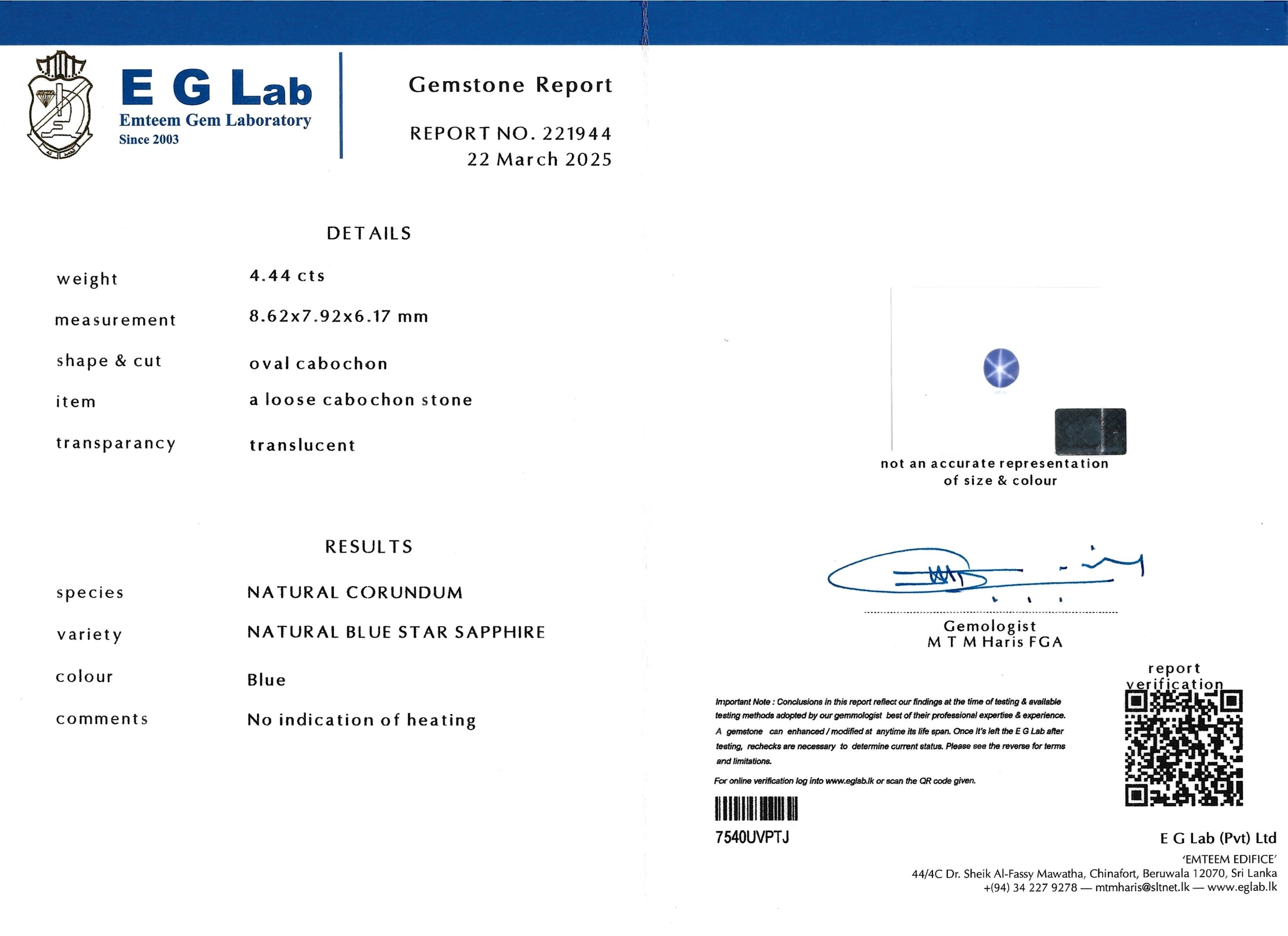 4.44 Ct. Blue Star Sapphire from Ceylon (Sri Lanka)