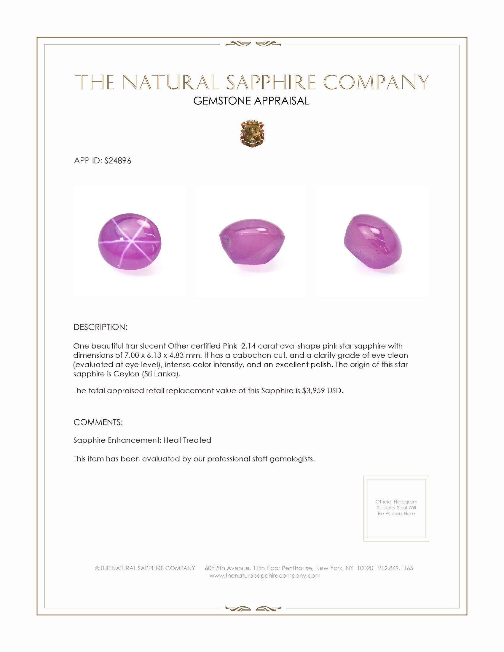 2.14 Ct. Pink Star Sapphire from Ceylon (Sri Lanka)