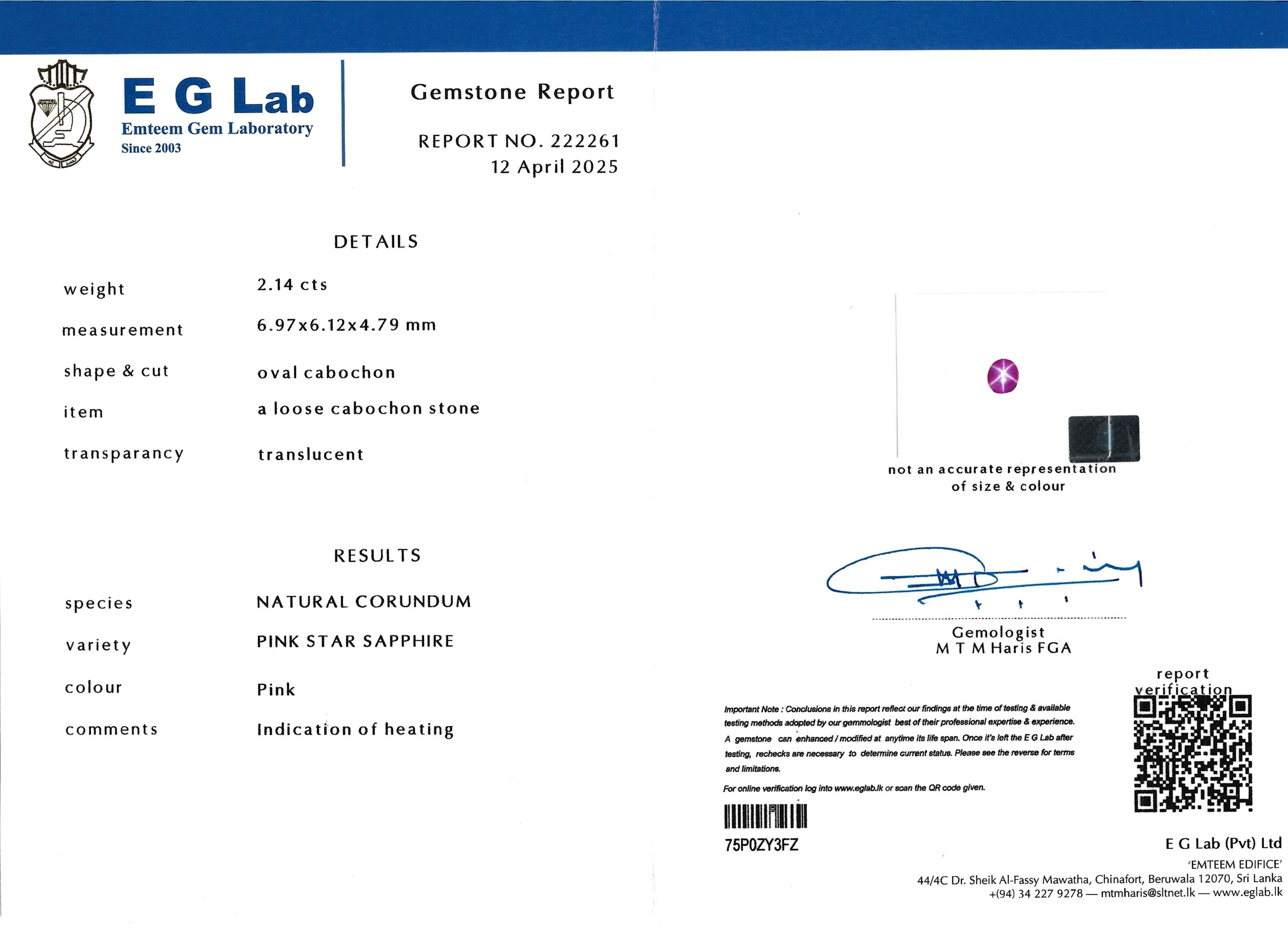 2.14 Ct. Pink Star Sapphire from Ceylon (Sri Lanka)