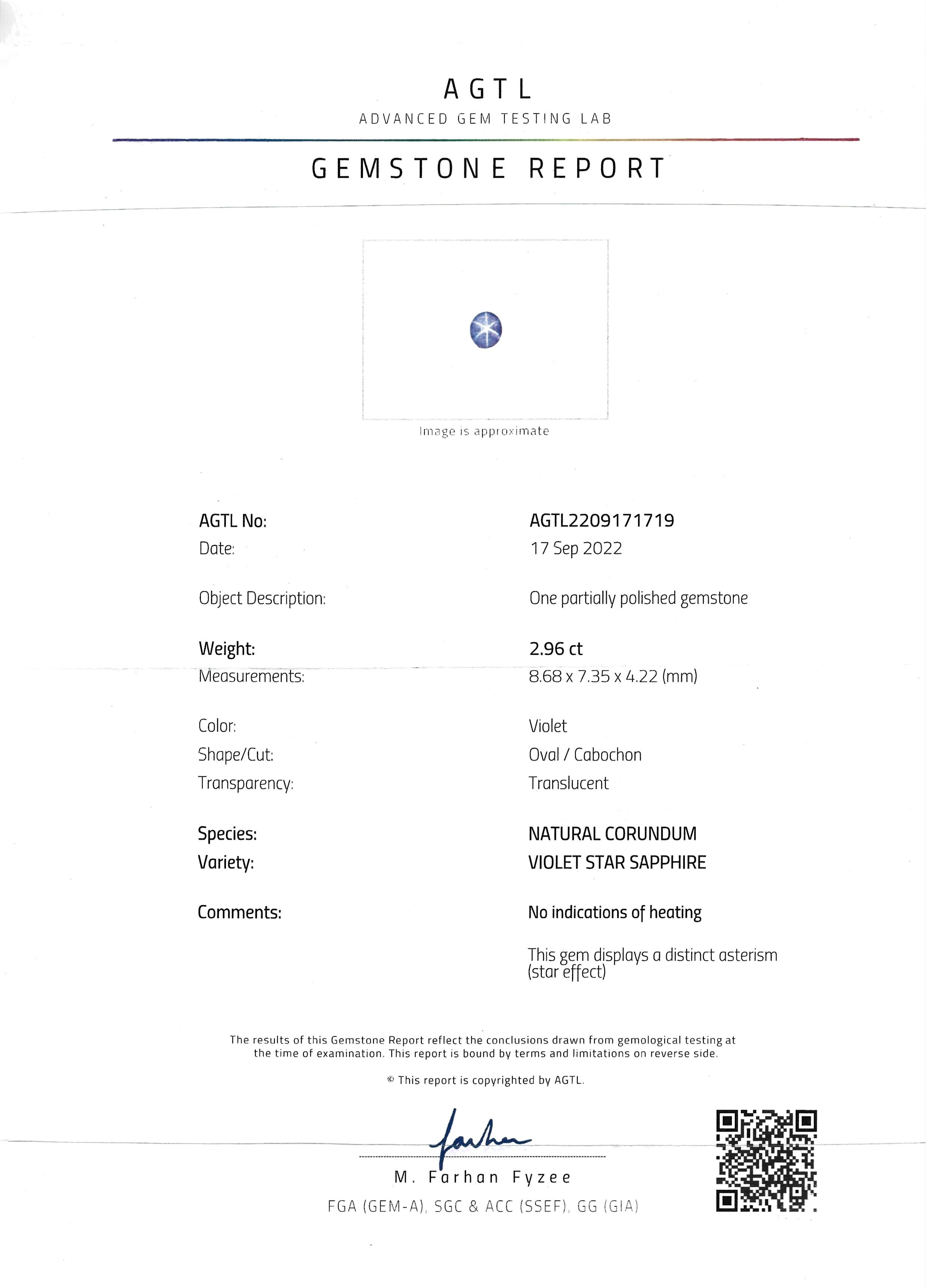 2.96 Ct. Violet Star Sapphire from Ceylon (Sri Lanka)