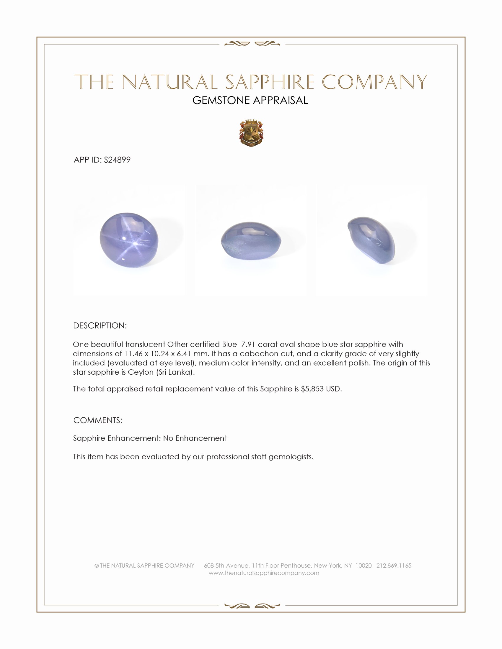 7.91 Ct. Blue Star Sapphire from Ceylon (Sri Lanka)