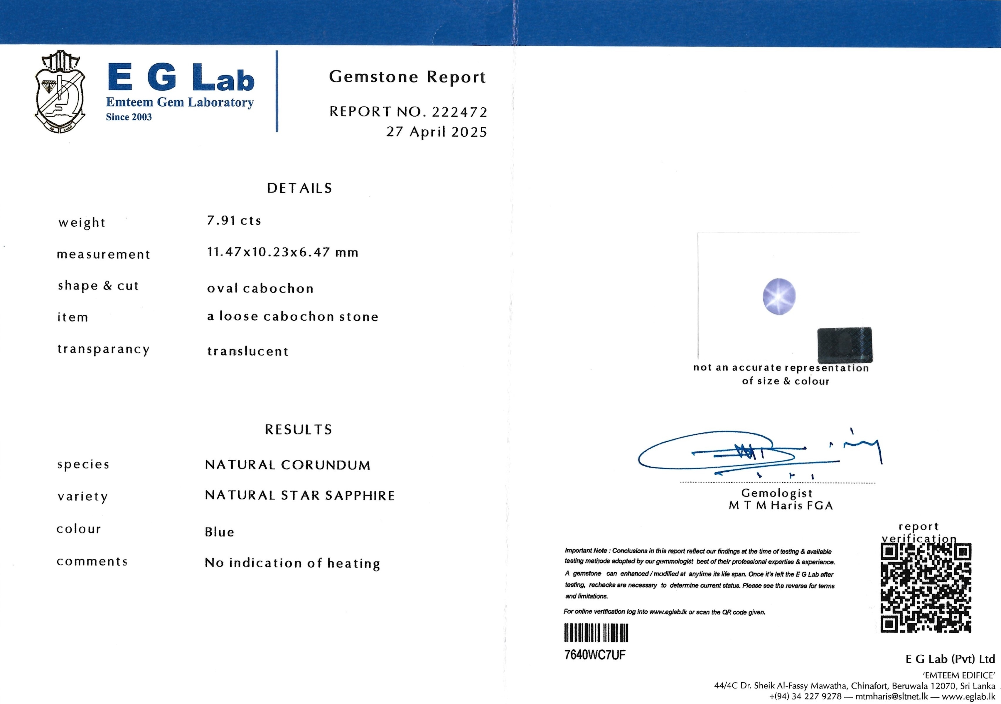 7.91 Ct. Blue Star Sapphire from Ceylon (Sri Lanka)