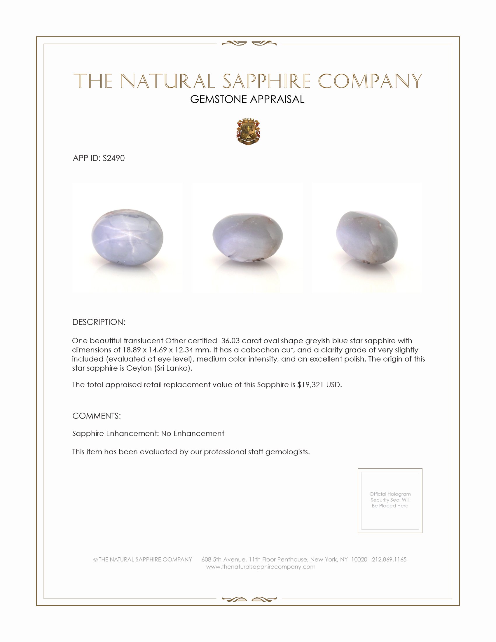 36.03 Ct. Greyish Blue Star Sapphire from Ceylon (Sri Lanka)