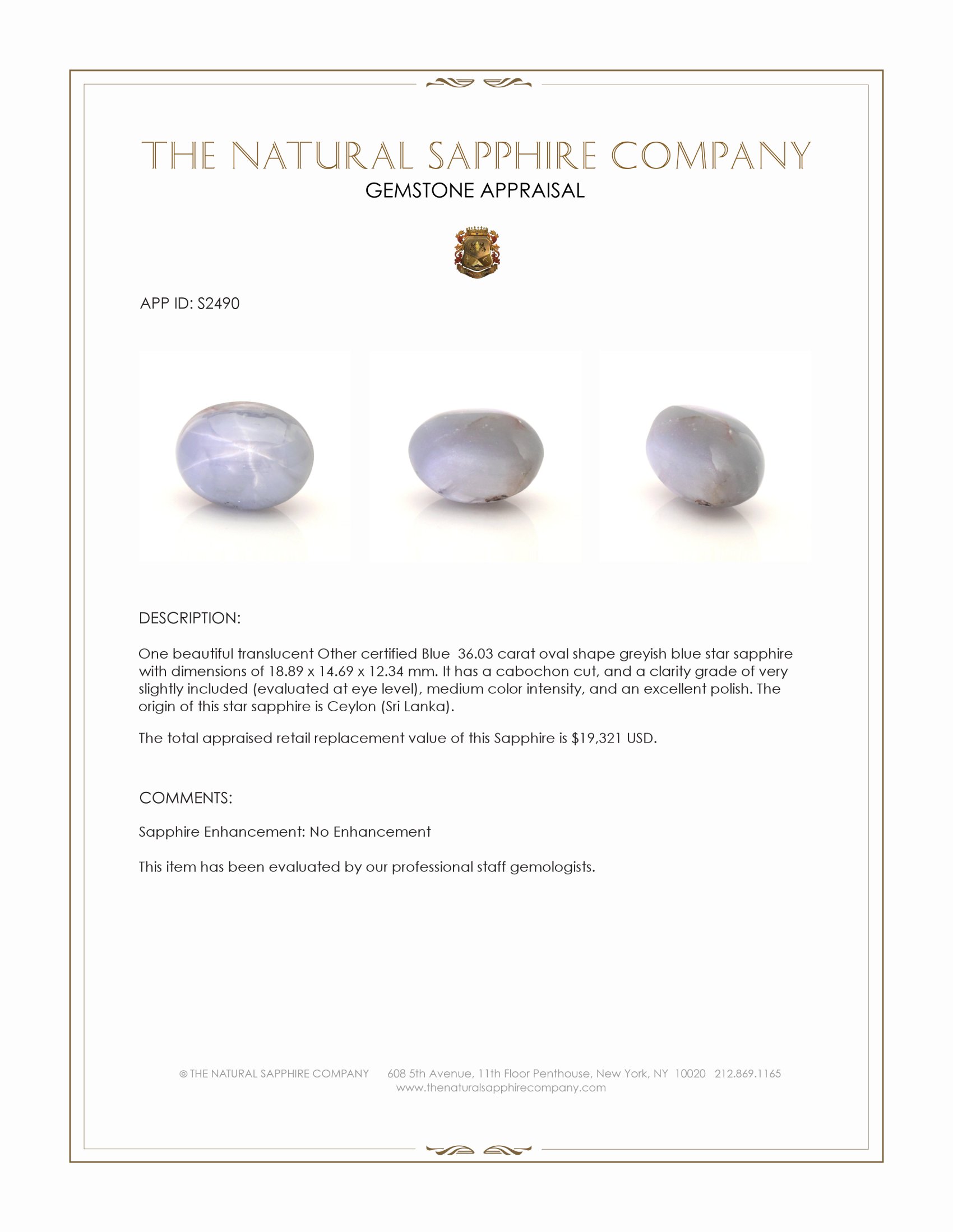 36.03 Ct. Greyish Blue Star Sapphire from Ceylon (Sri Lanka)