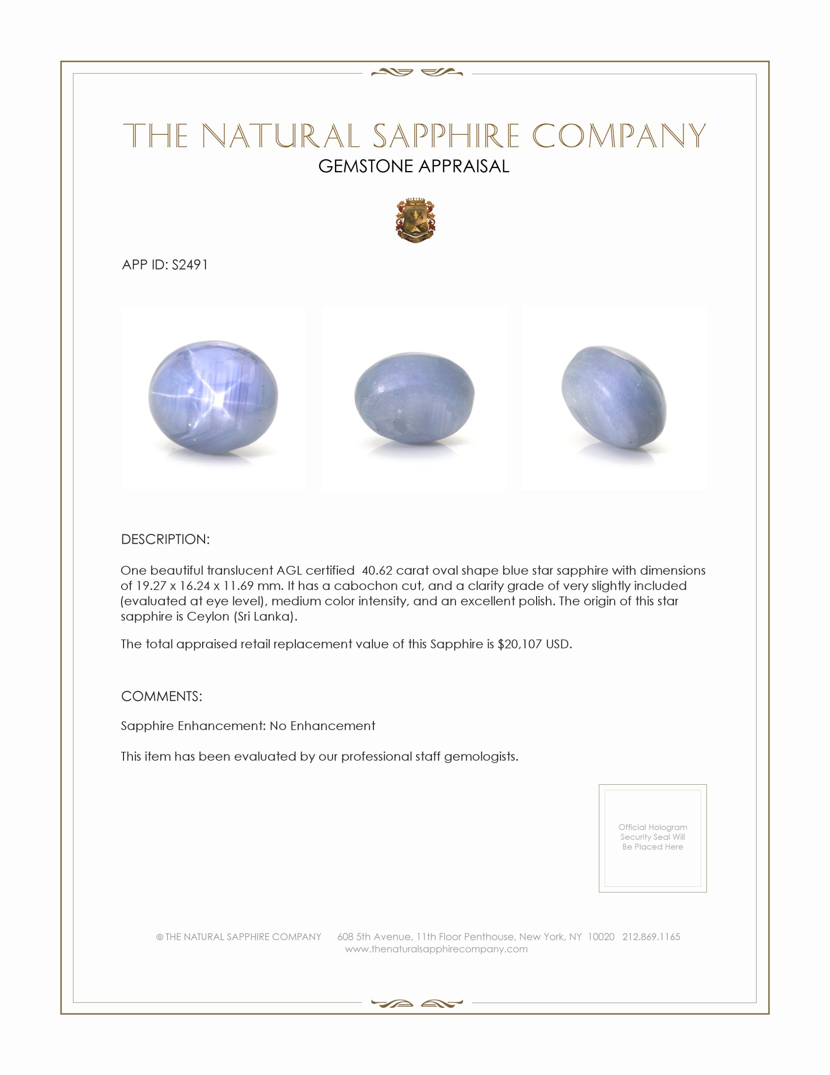 40.62 Ct. Blue Star Sapphire from Ceylon (Sri Lanka)