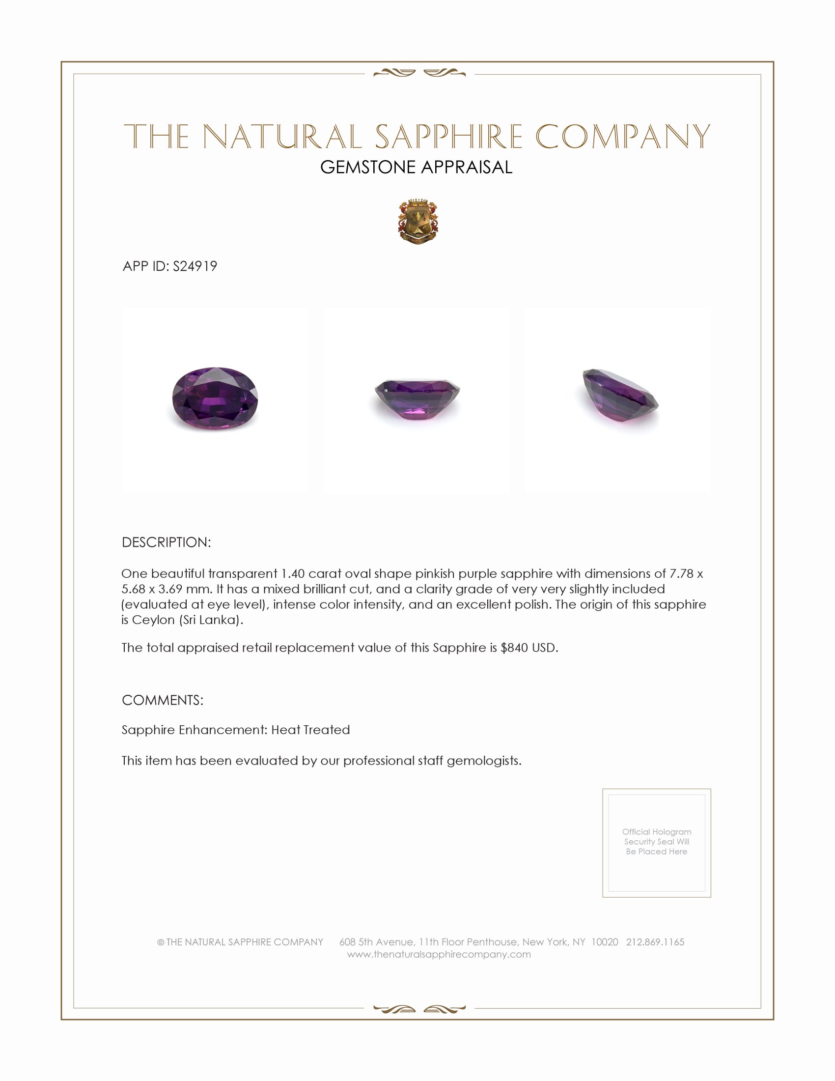 1.40 Ct. Pinkish Purple Sapphire from Ceylon (Sri Lanka)