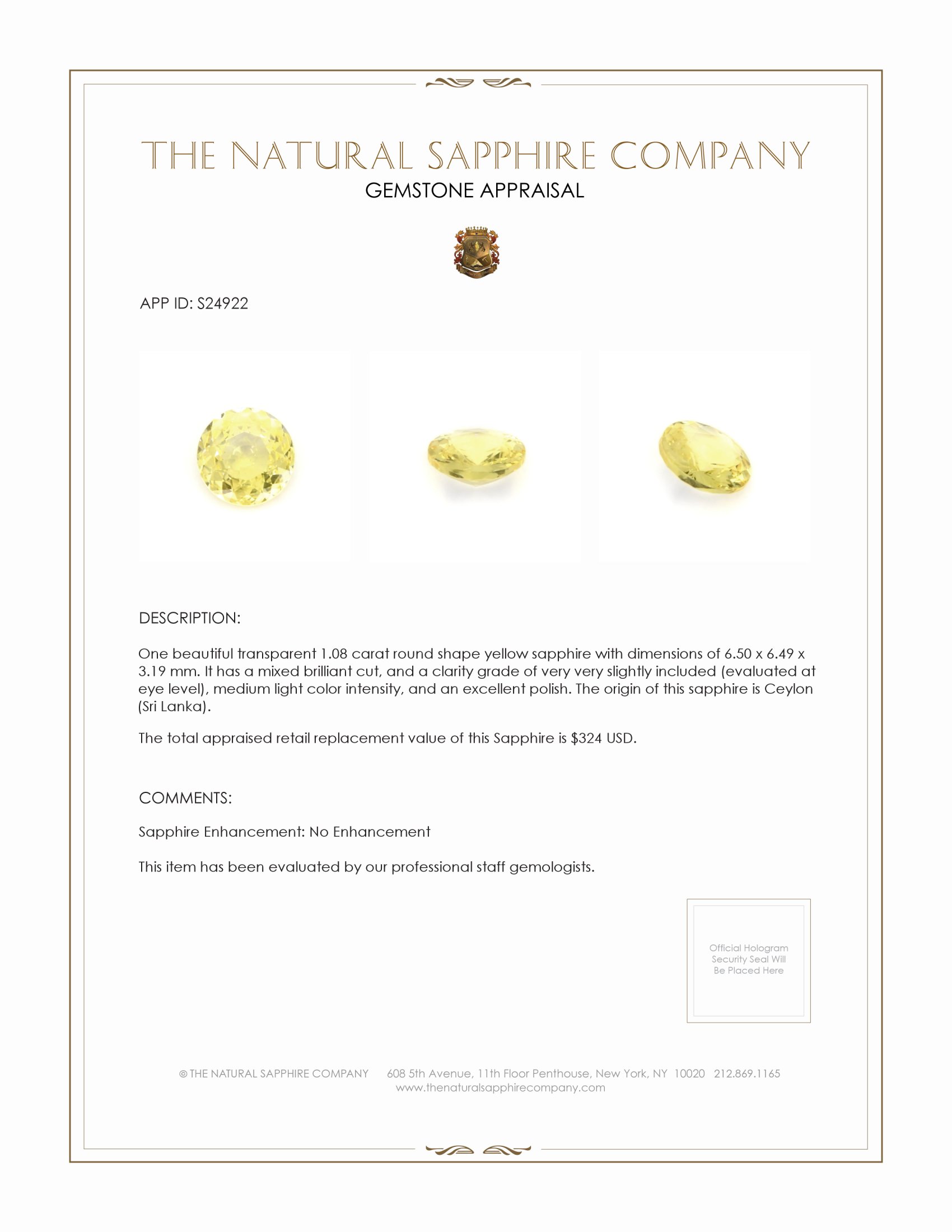 1.08 Ct. Yellow Sapphire from Ceylon (Sri Lanka)