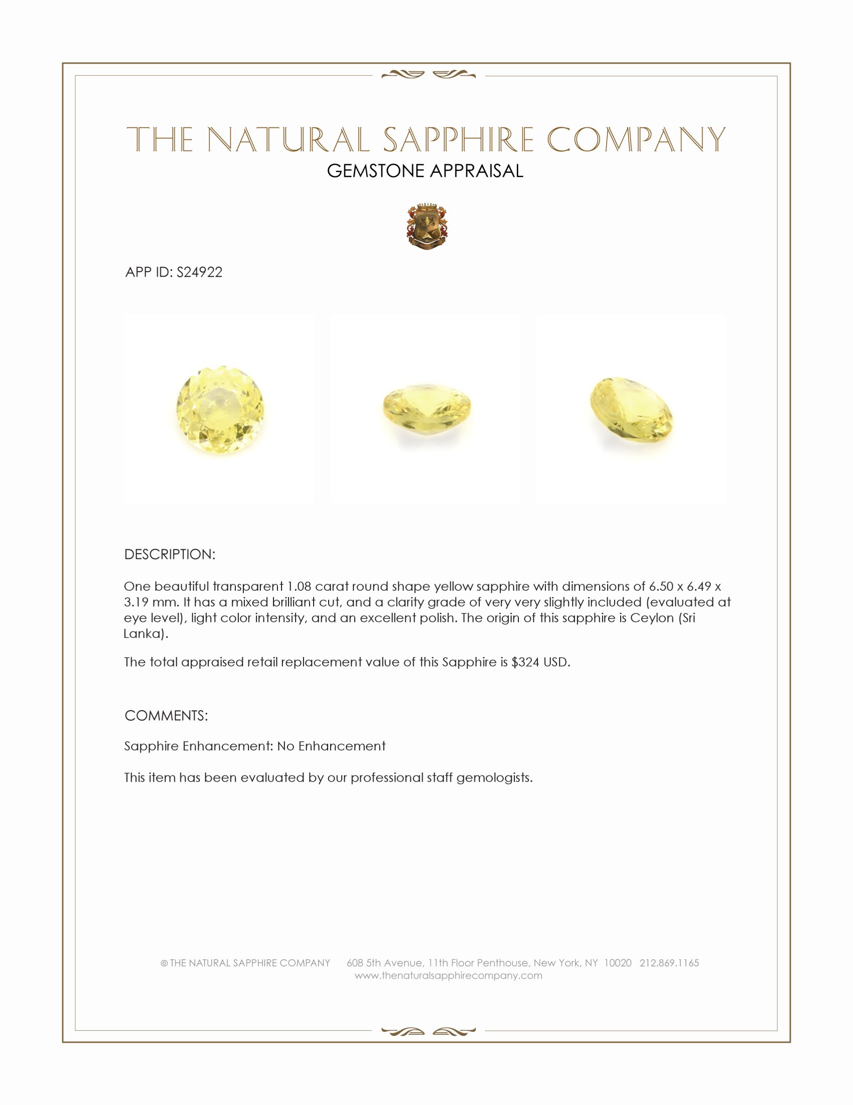 1.08 Ct. Yellow Sapphire from Ceylon (Sri Lanka)