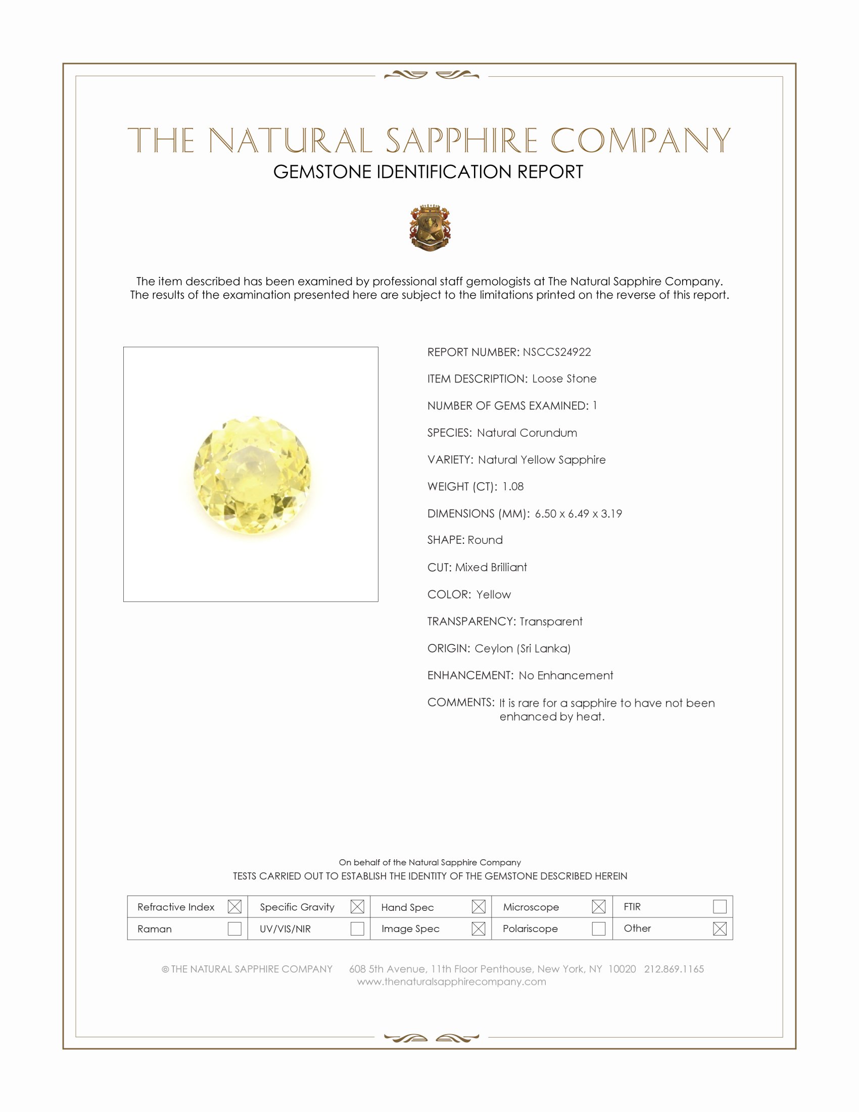 1.08 Ct. Yellow Sapphire from Ceylon (Sri Lanka)