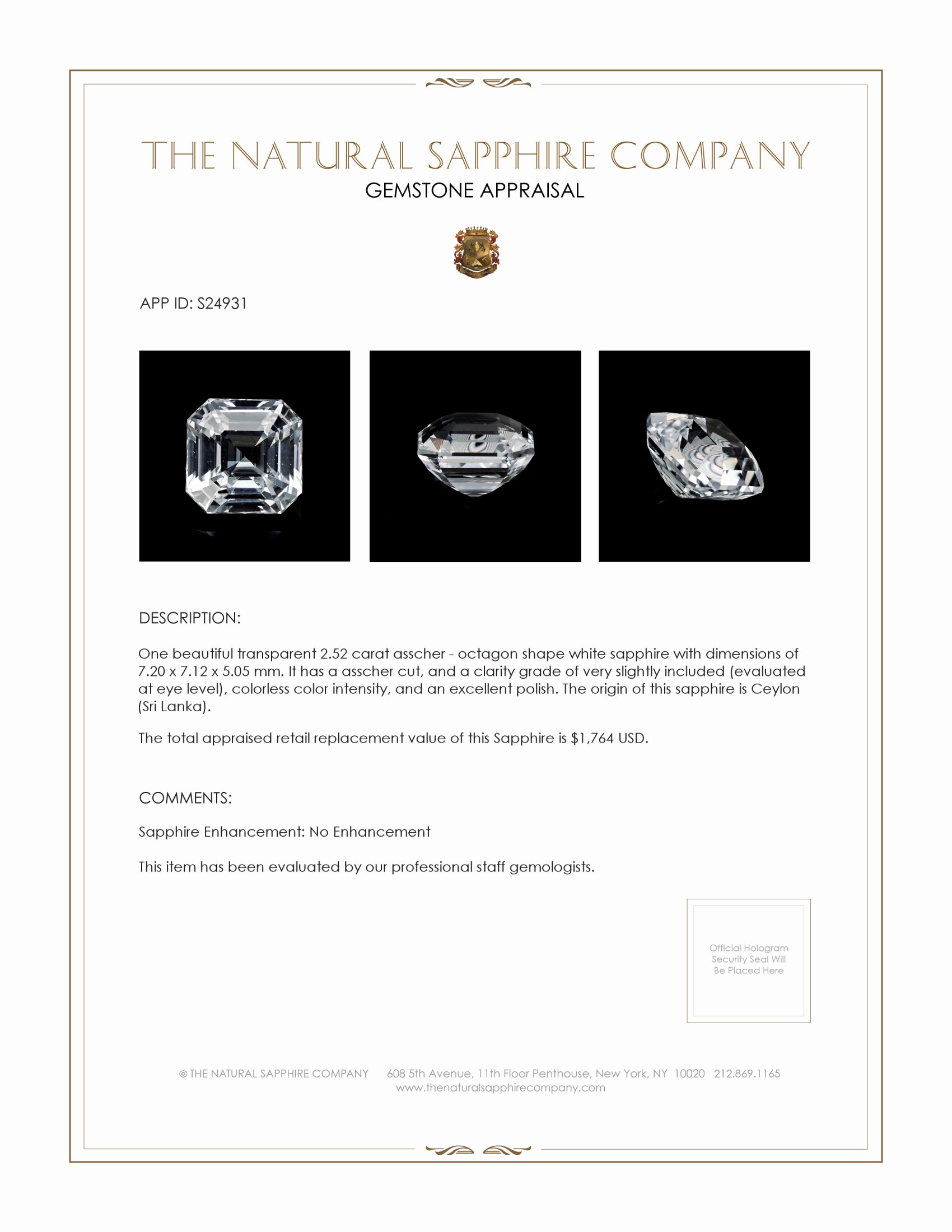 2.52 Ct. White Sapphire from Ceylon (Sri Lanka)