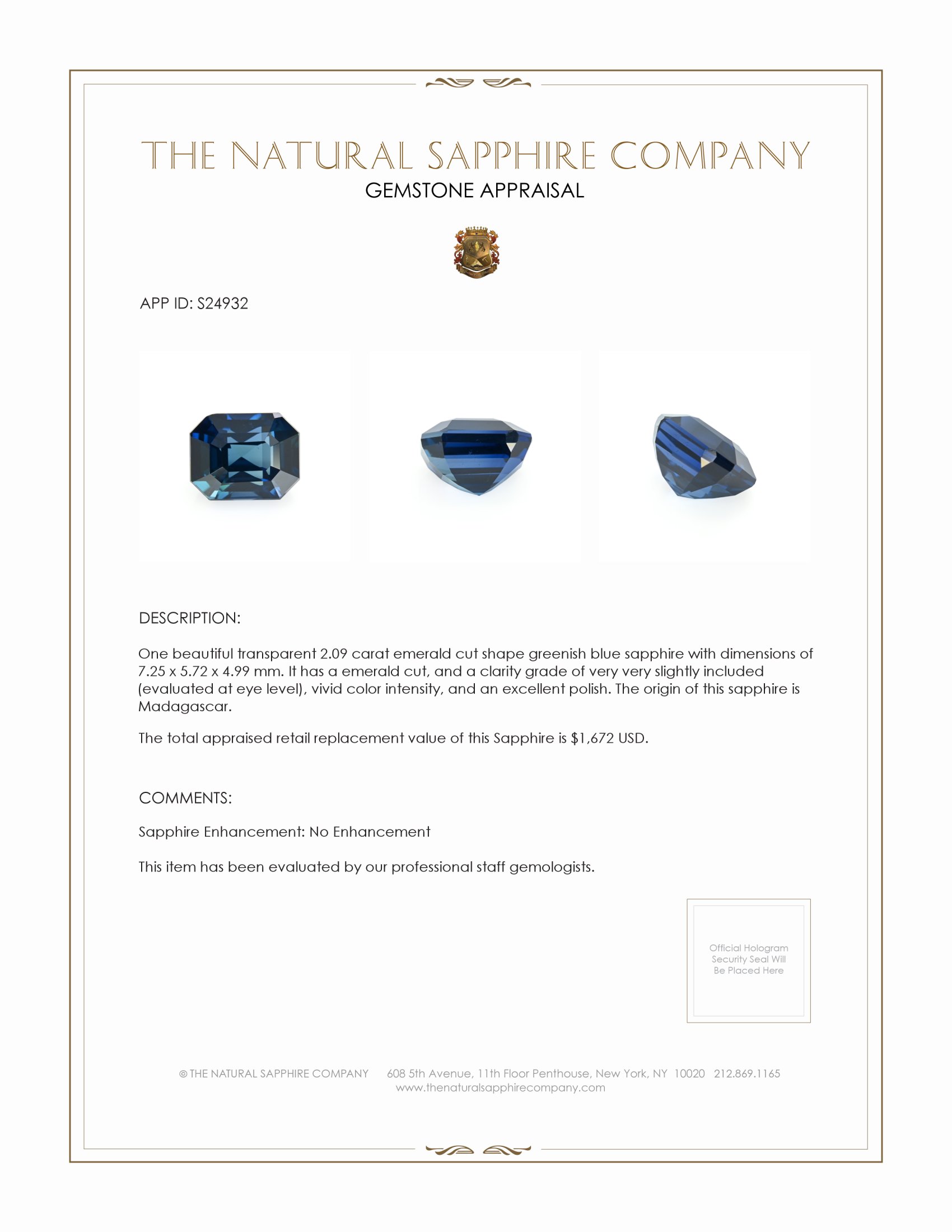 2.09 Ct. Greenish Blue Sapphire from Madagascar