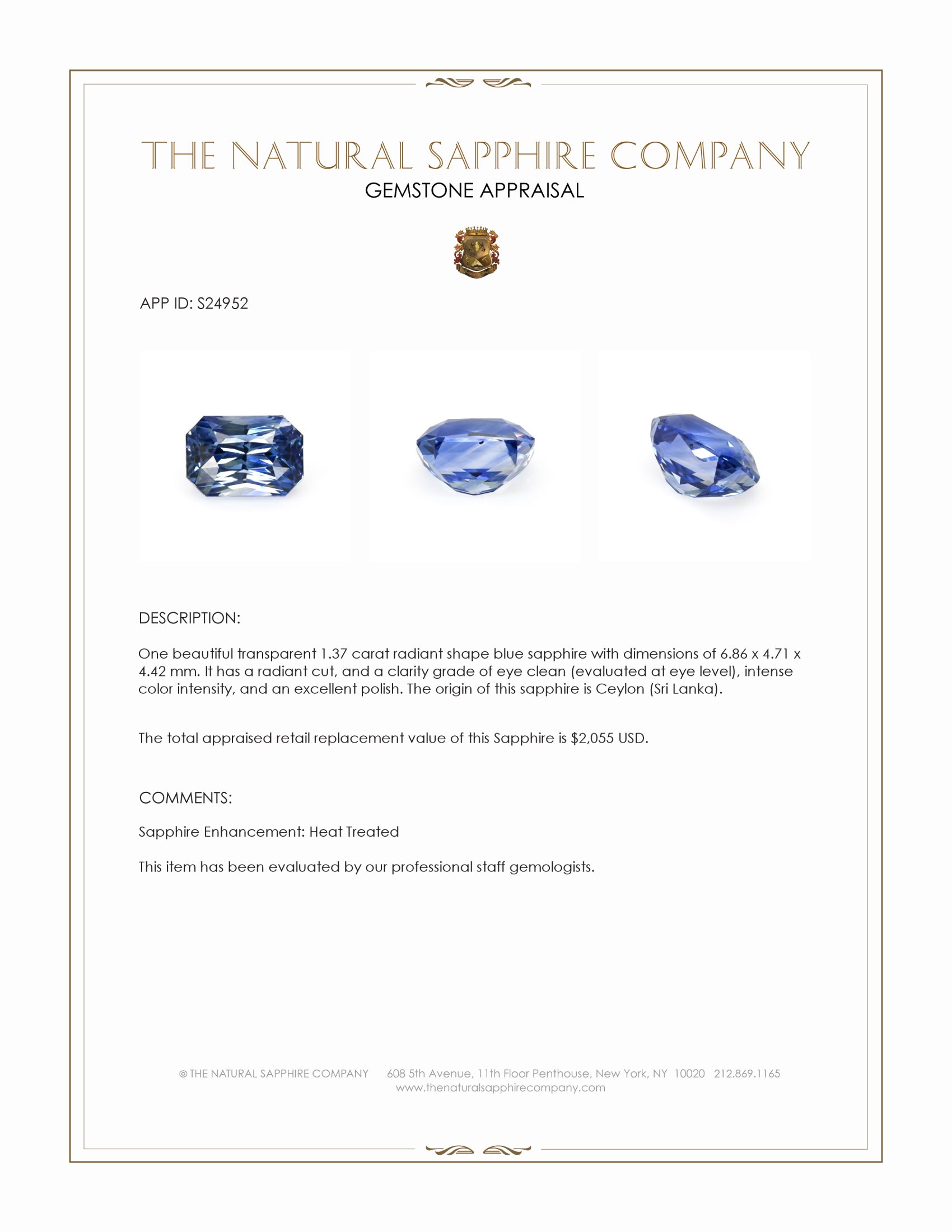 1.37 Ct. Blue Sapphire from Ceylon (Sri Lanka)