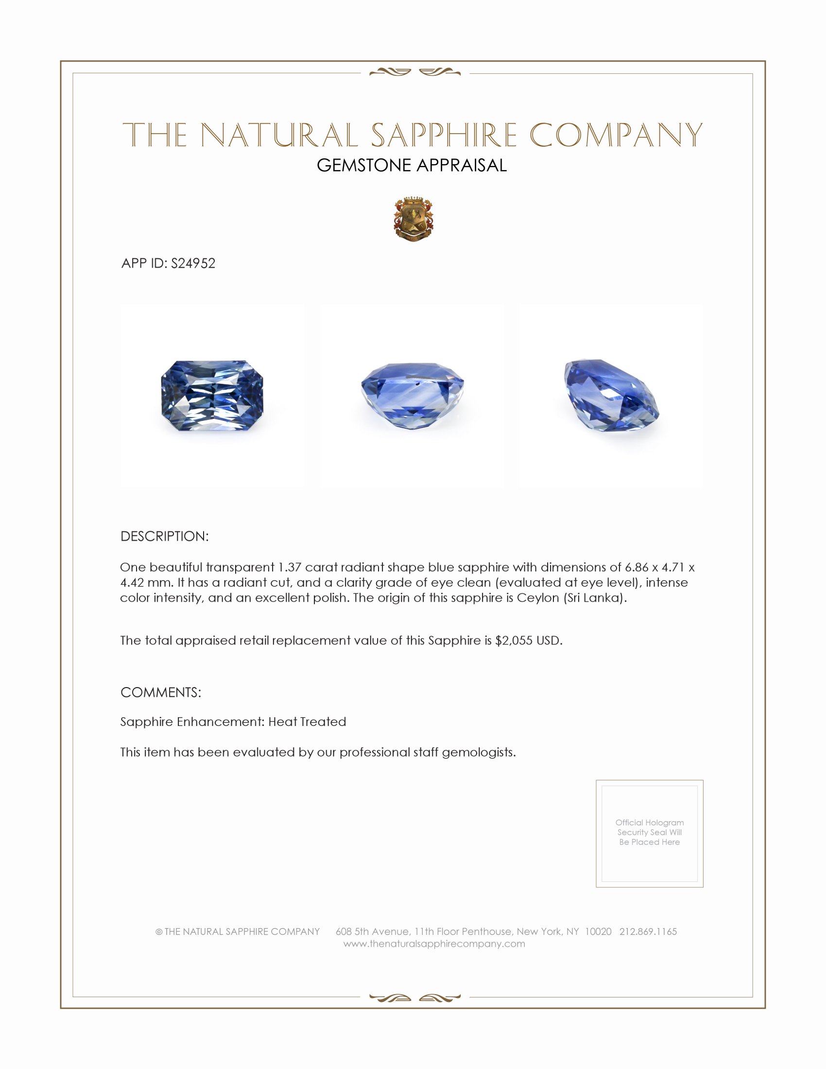 1.37 Ct. Blue Sapphire from Ceylon (Sri Lanka)