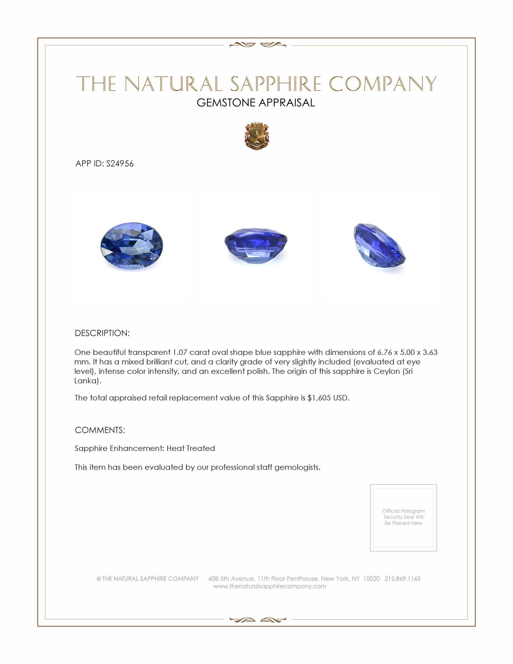 1.07 Ct. Blue Sapphire from Ceylon (Sri Lanka)