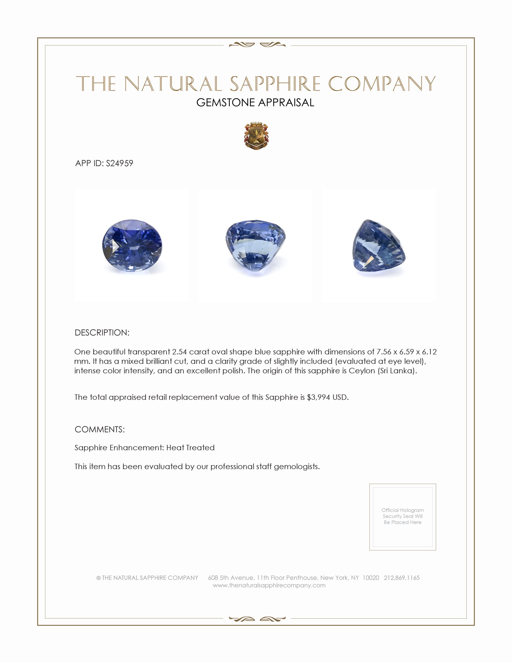 2.54 Ct. Blue Sapphire from Ceylon (Sri Lanka)