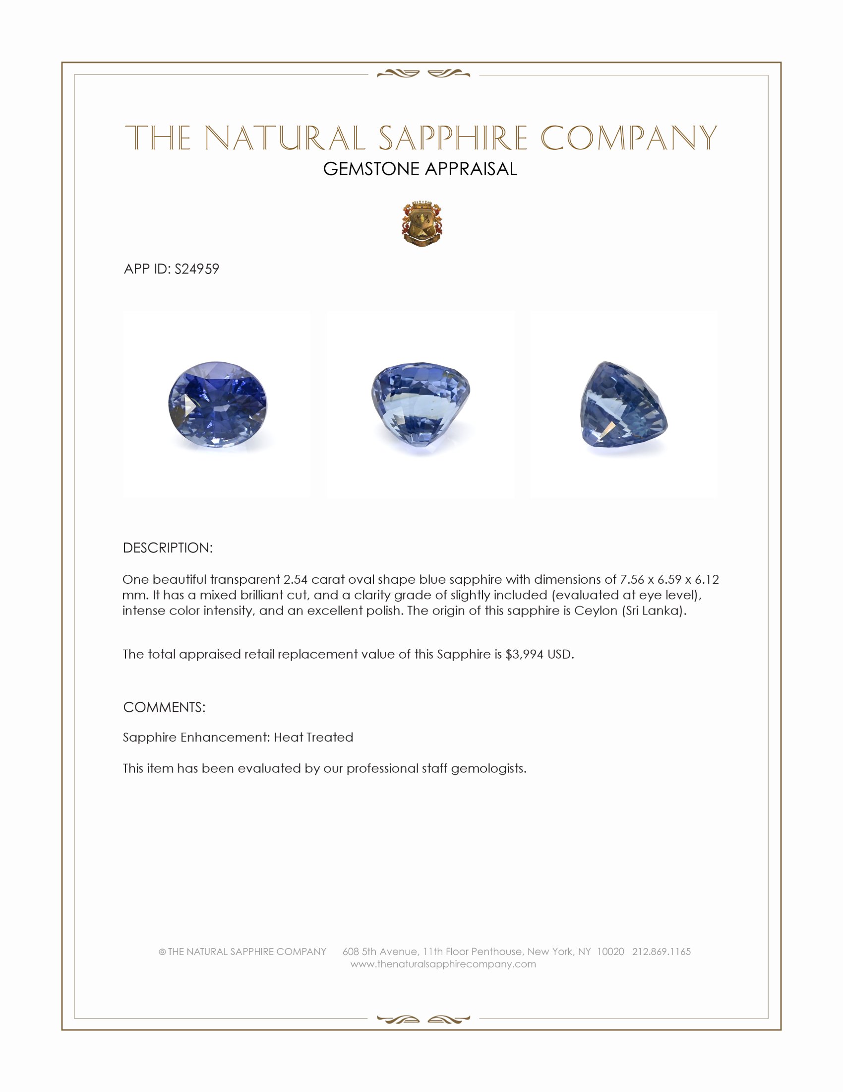 2.54 Ct. Blue Sapphire from Ceylon (Sri Lanka)