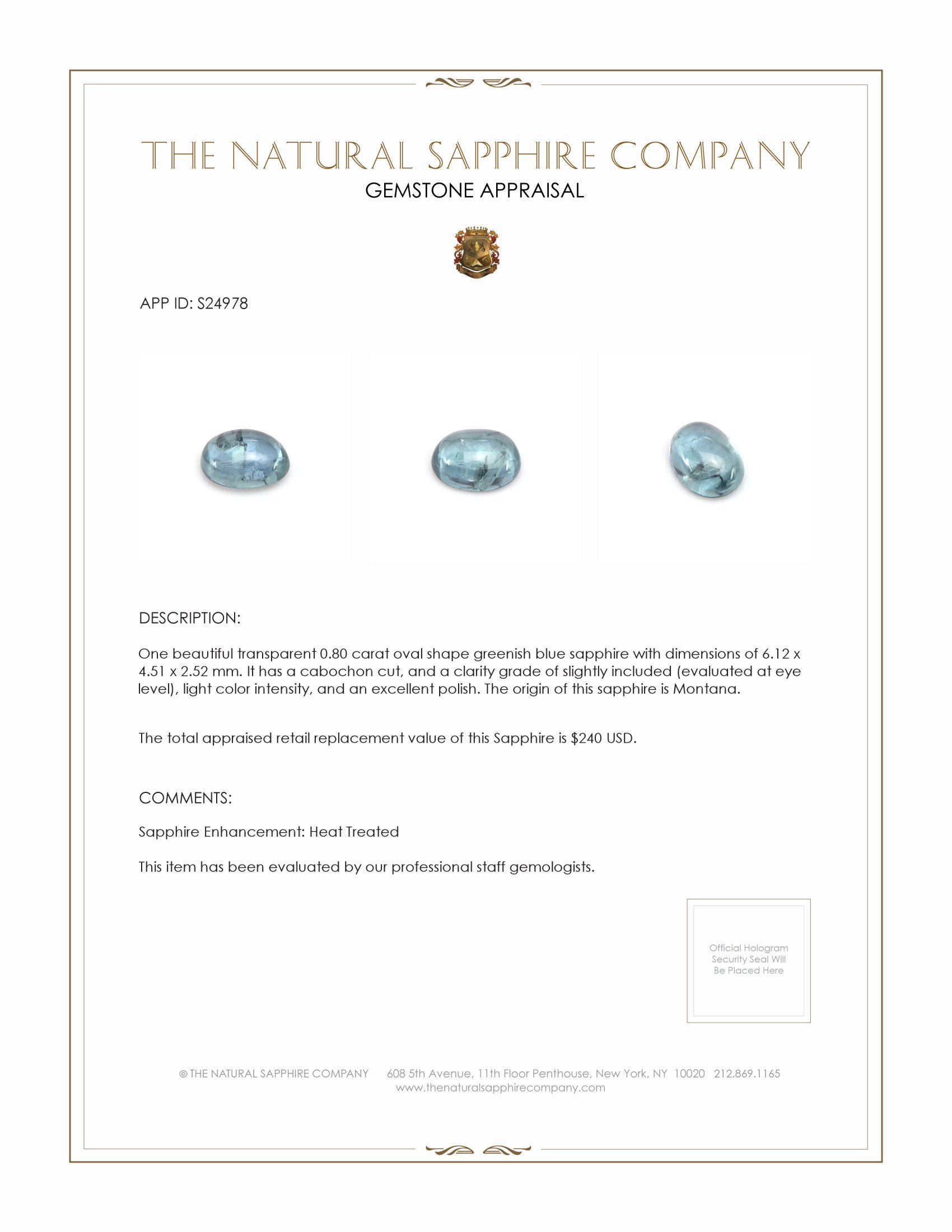 0.80 Ct. Greenish Blue Cabochon Sapphire from Montana