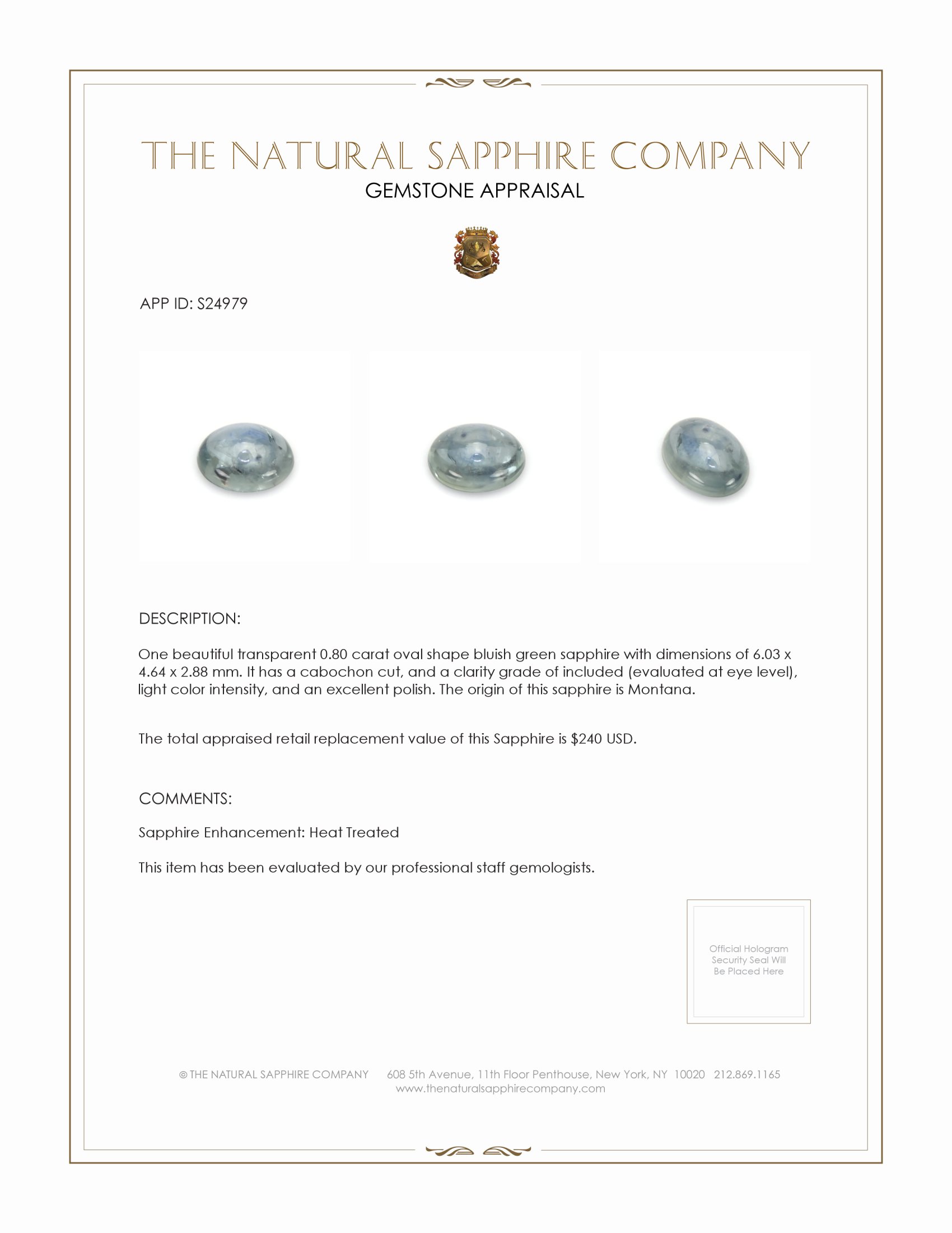 0.80 Ct. Bluish Green Cabochon Sapphire from Montana