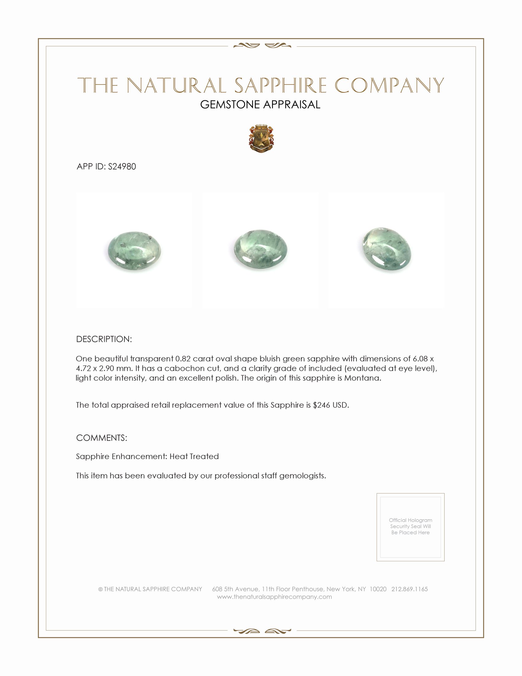 0.82 Ct. Bluish Green Cabochon Sapphire from Montana