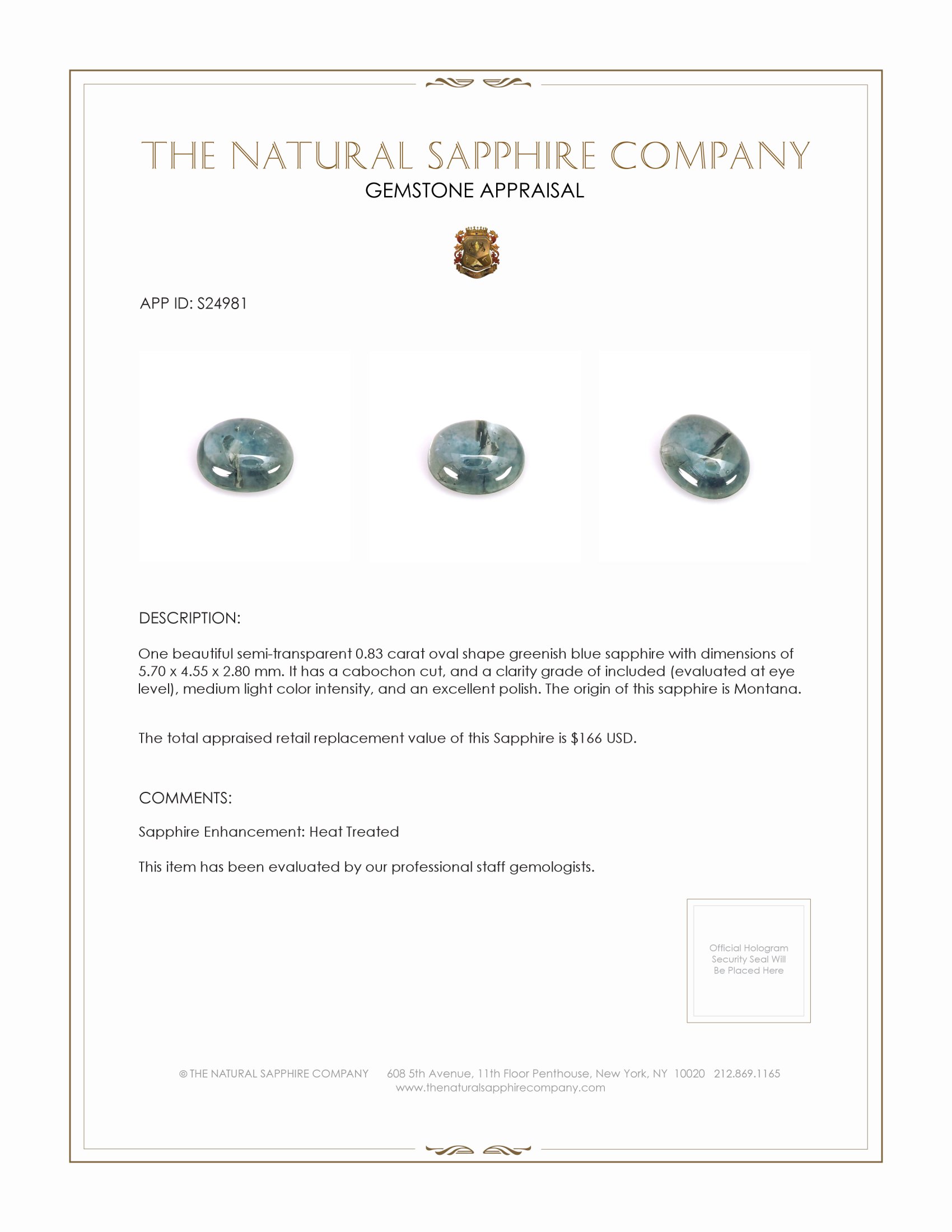 0.83 Ct. Greenish Blue Cabochon Sapphire from Montana