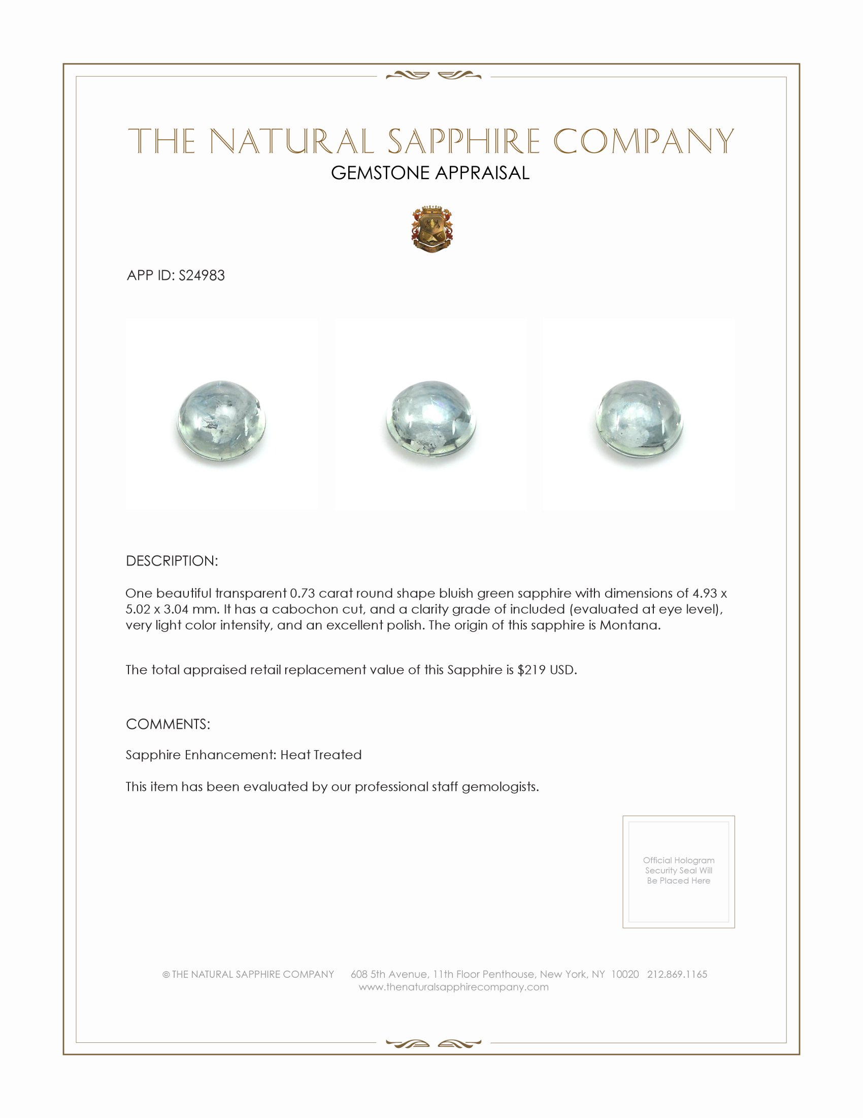 0.73 Ct. Bluish Green Cabochon Sapphire from Montana