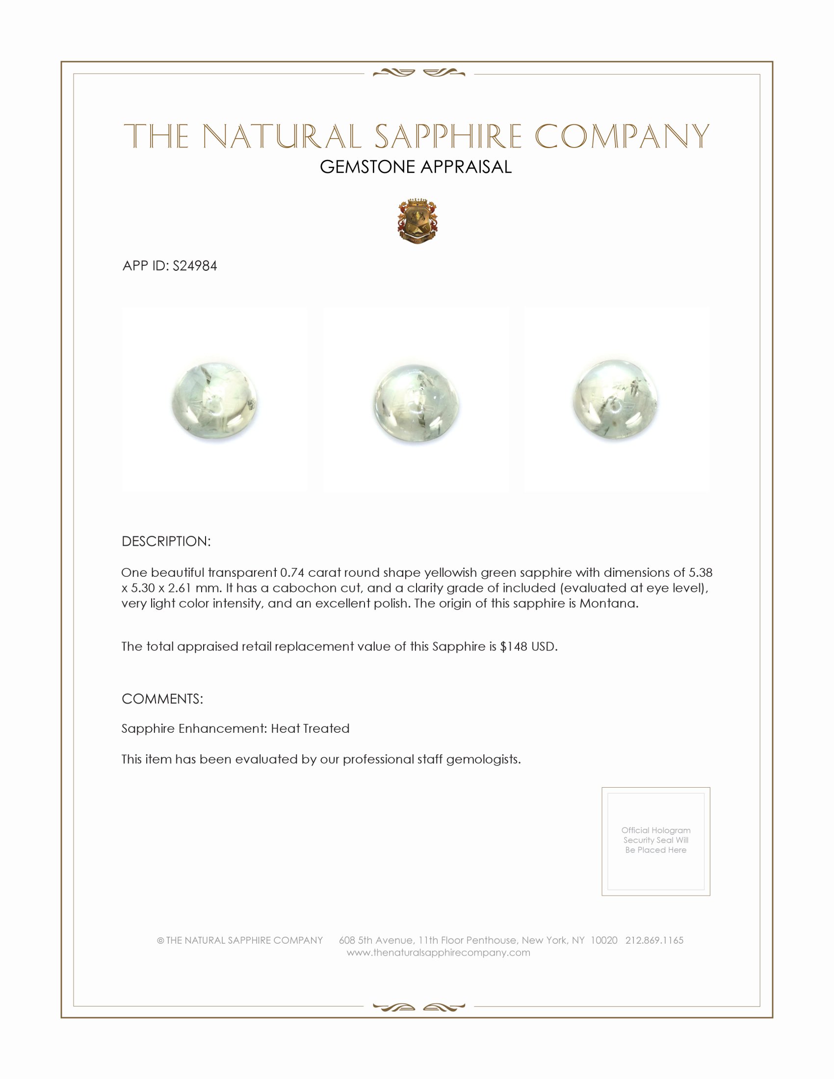 0.74 Ct. Yellowish Green Cabochon Sapphire from Montana