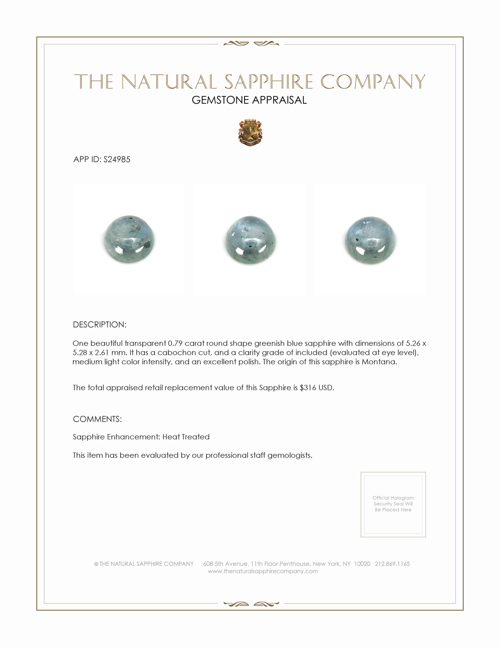 0.79 Ct. Greenish Blue Cabochon Sapphire from Montana