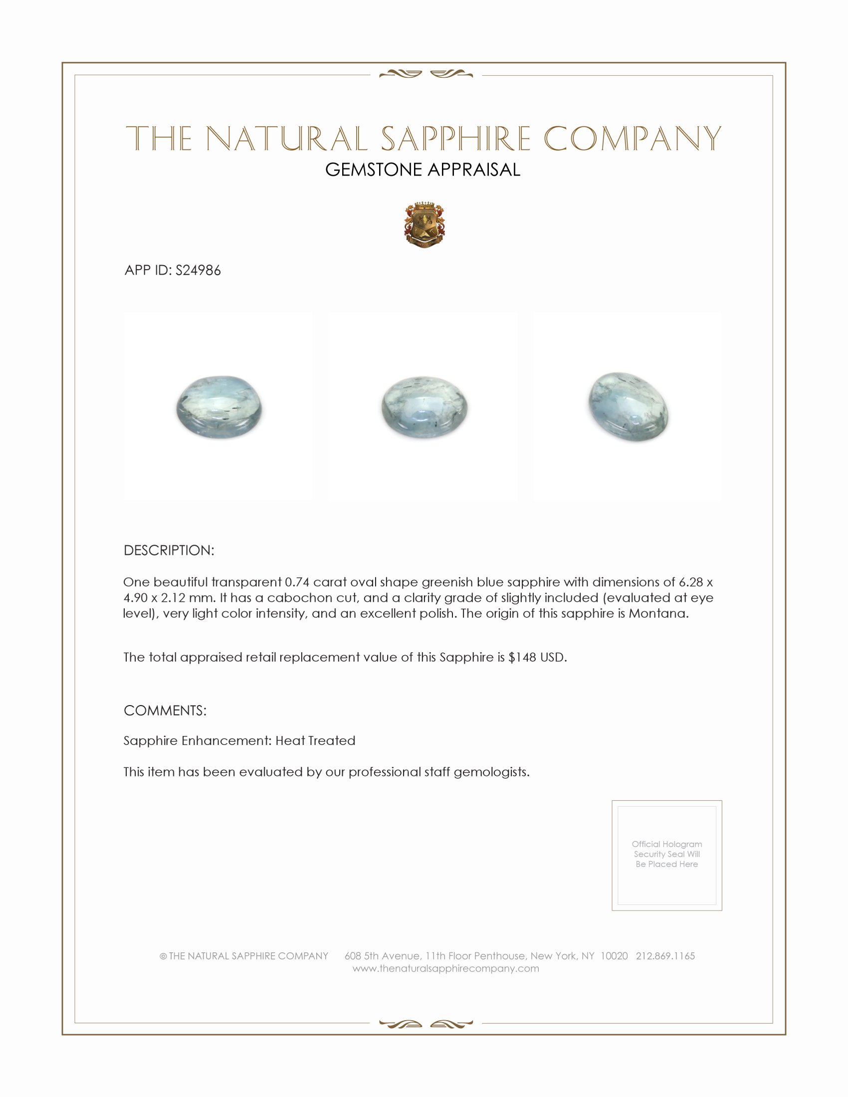 0.74 Ct. Greenish Blue Cabochon Sapphire from Montana