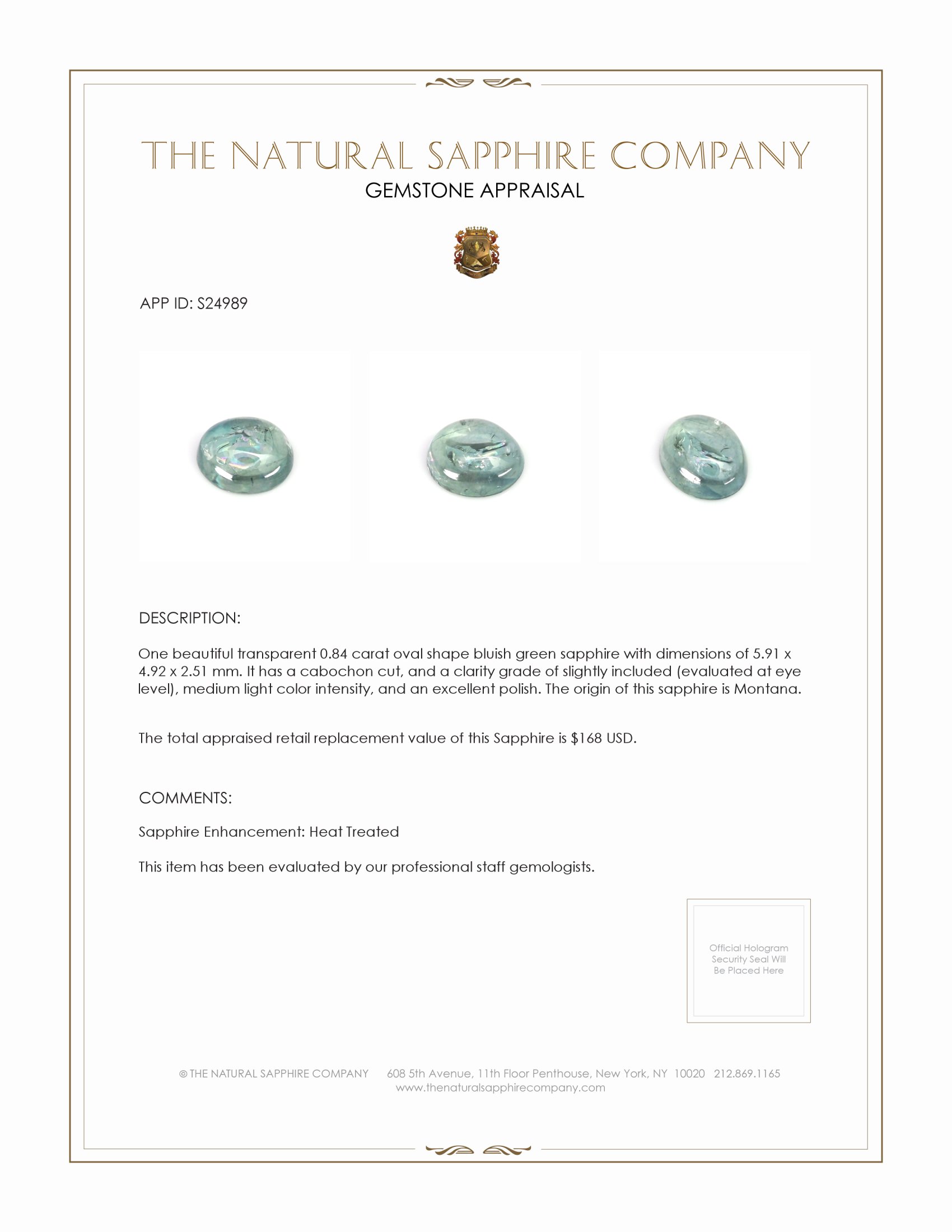 0.84 Ct. Bluish Green Cabochon Sapphire from Montana