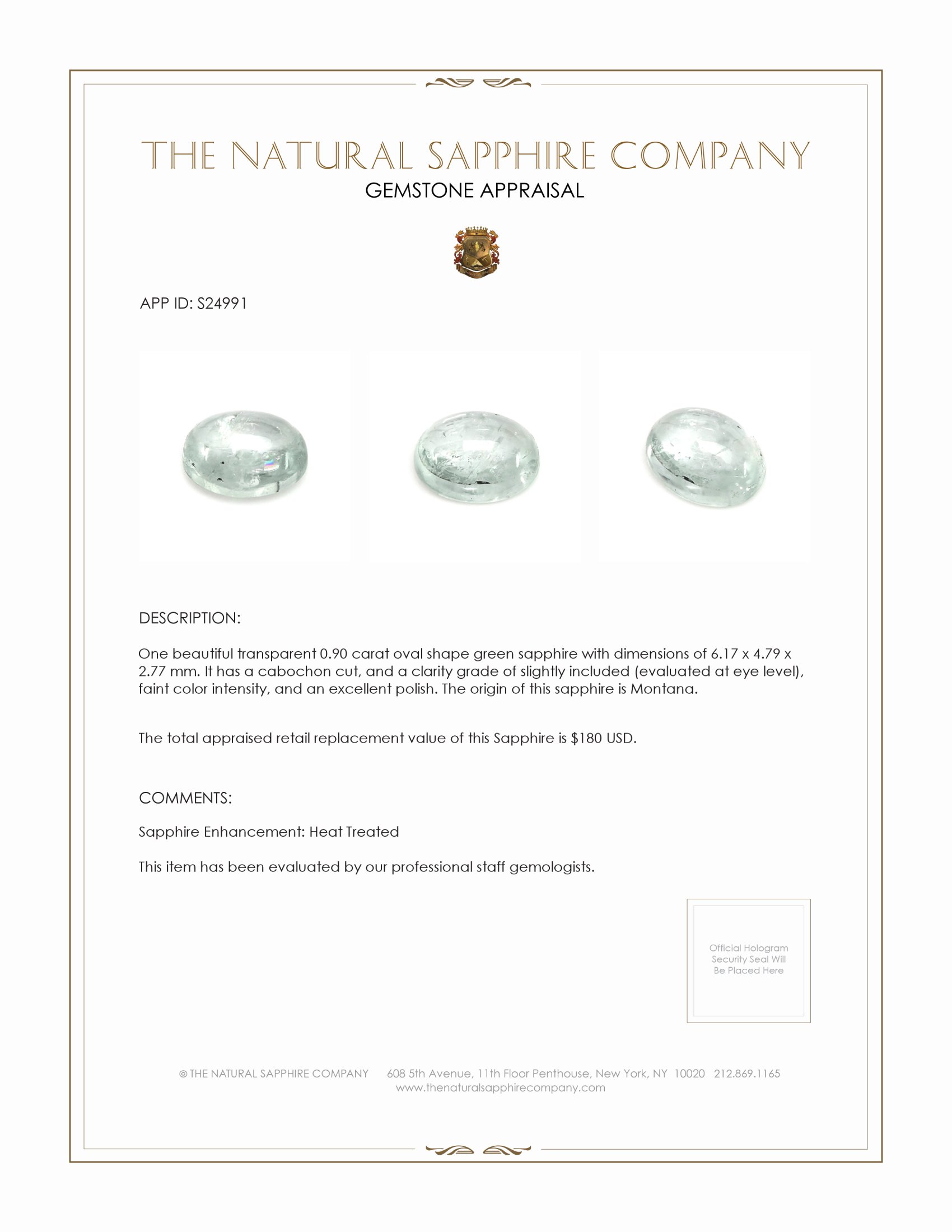 0.90 Ct. Green Cabochon Sapphire from Montana