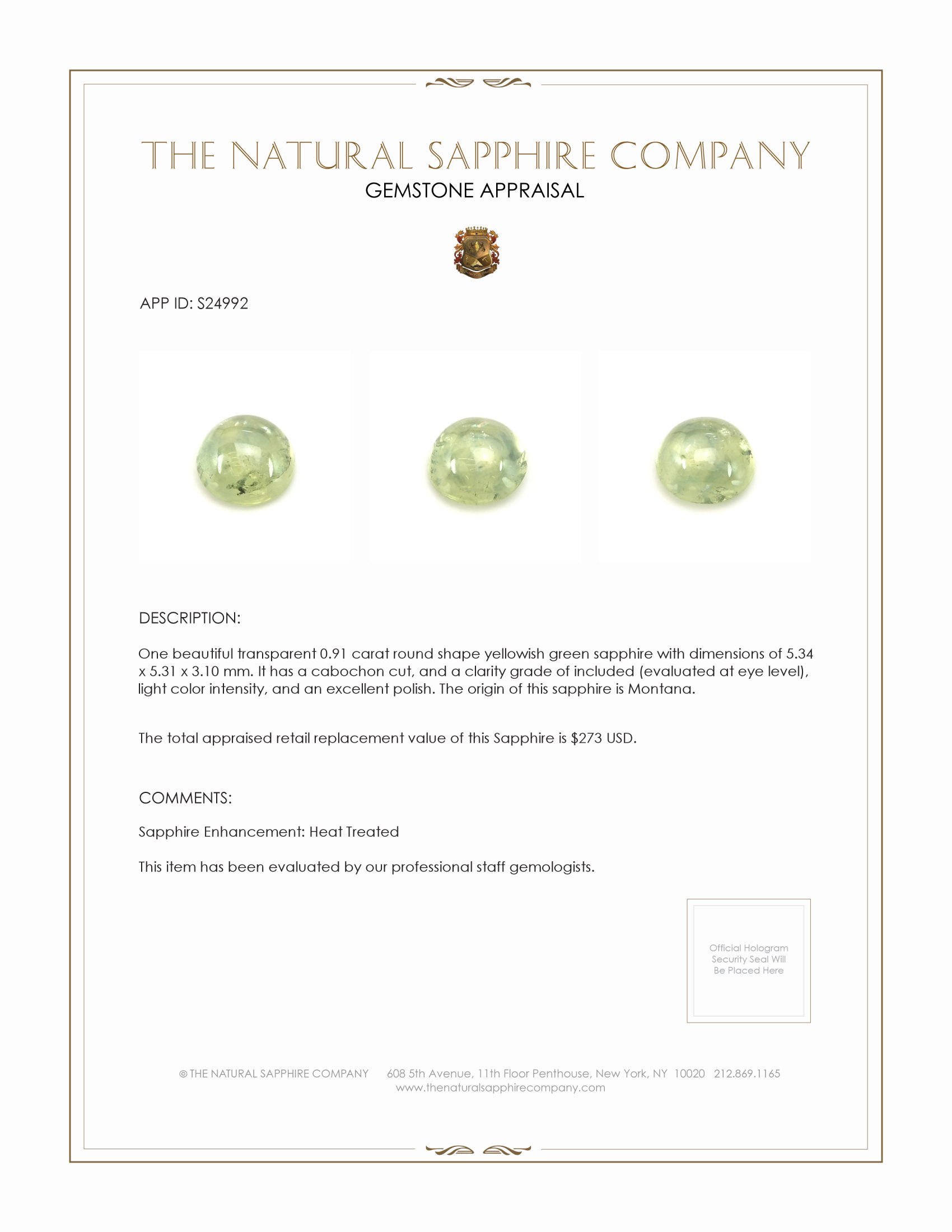 0.91 Ct. Yellowish Green Cabochon Sapphire from Montana