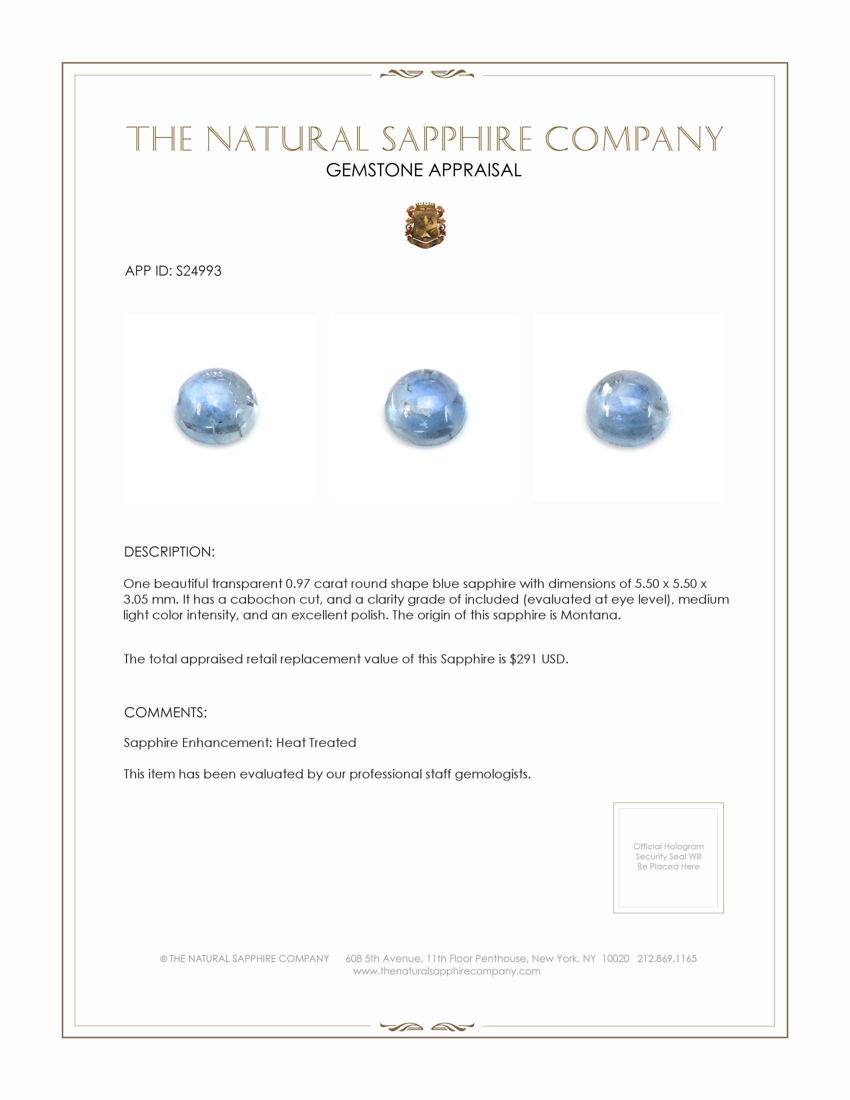 0.97 Ct. Blue Cabochon Sapphire from Montana