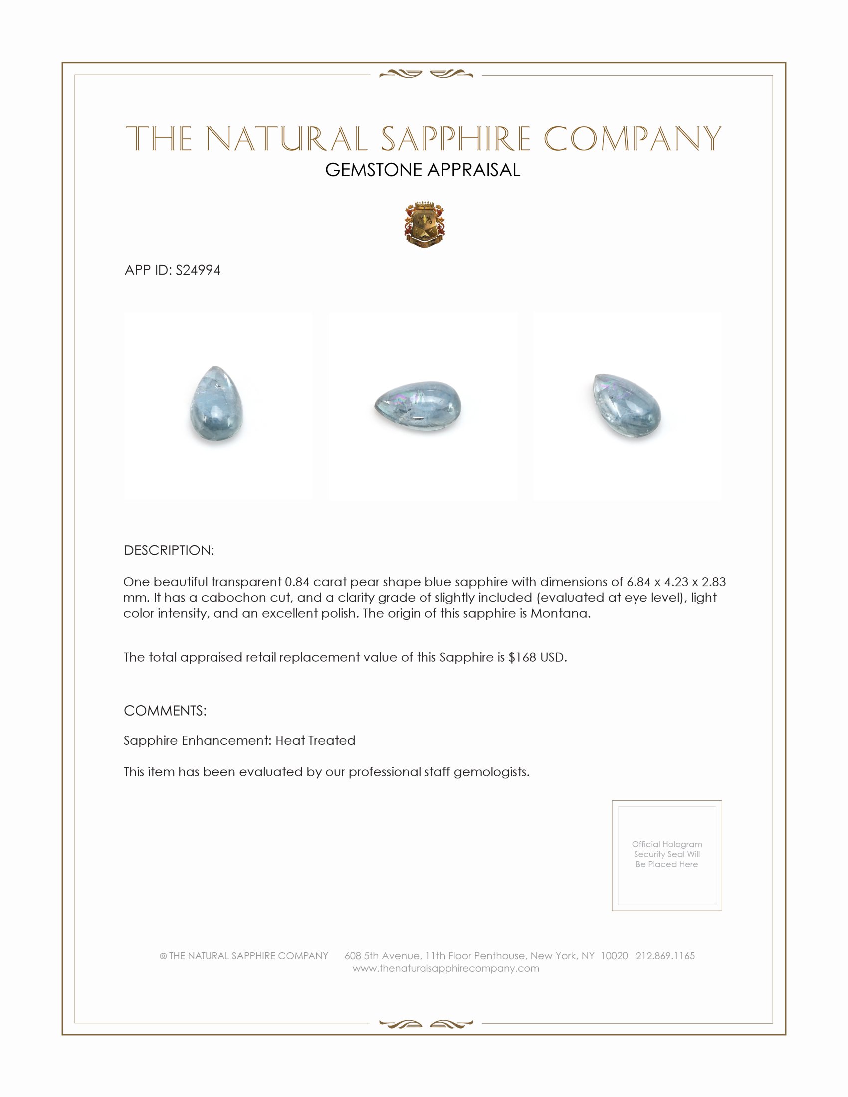 0.84 Ct. Blue Cabochon Sapphire from Montana